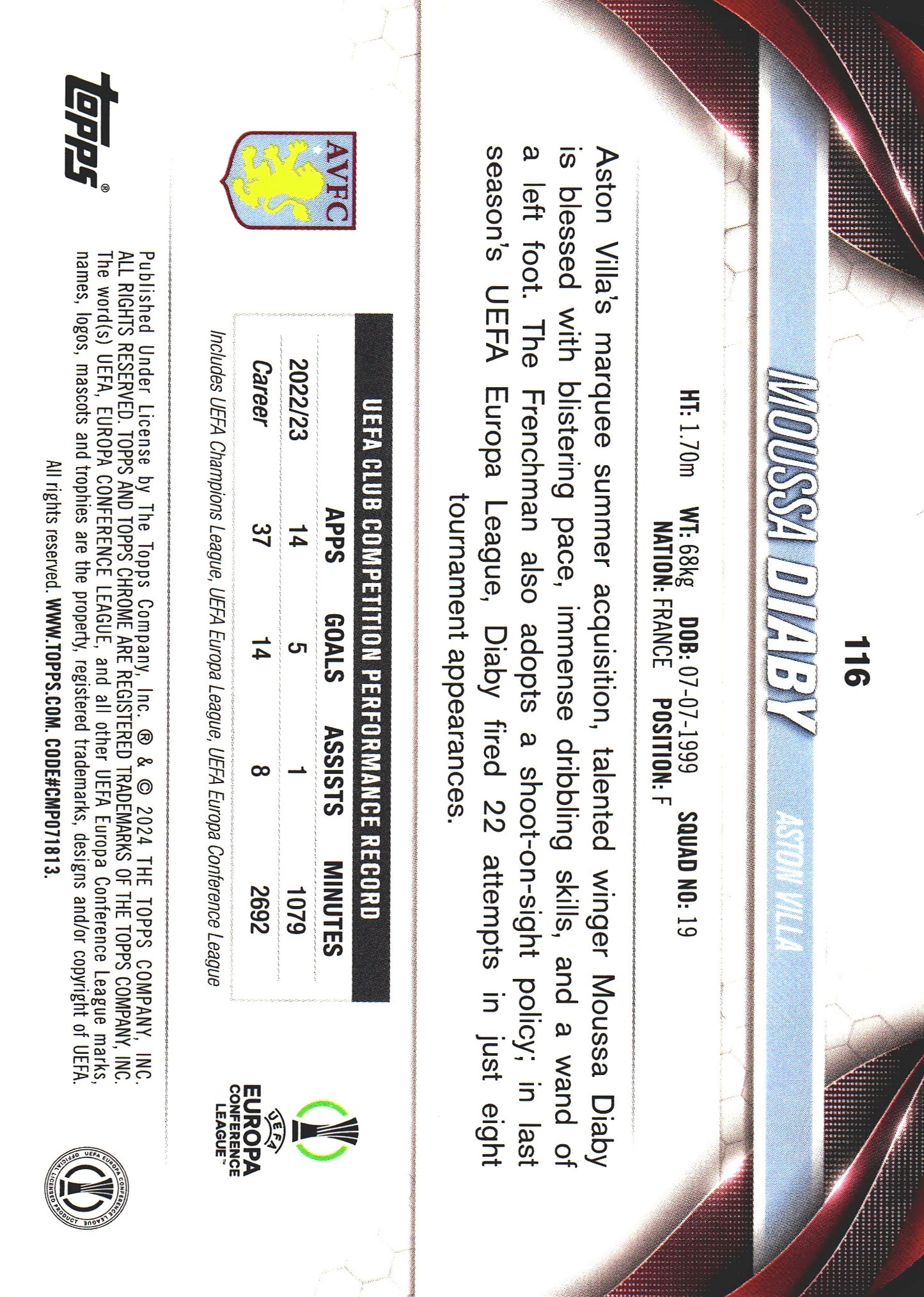 2023 Topps Chrome UCC Sapphire Yellow /75 Moussa Diaby #116 Aston Villa