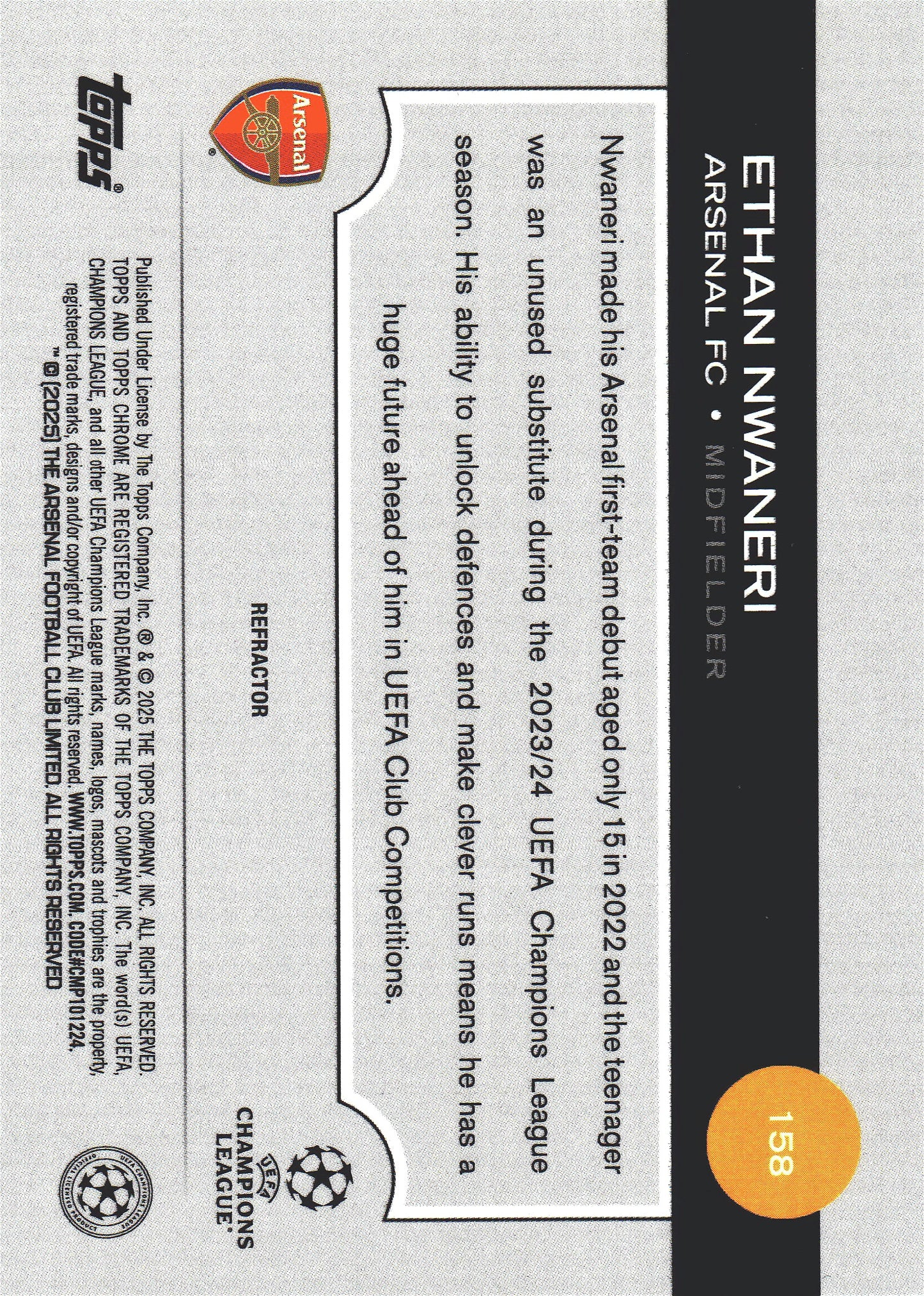 2024 Topps Chrome UCC Refractor Ethan Nwaneri RC #158 Arsenal