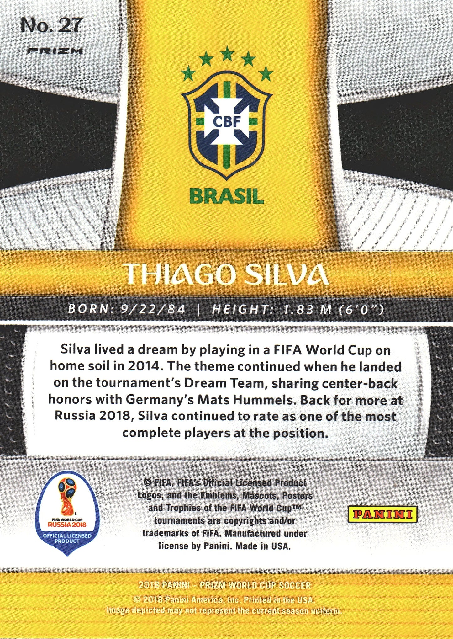 2018 Panini Prizm FIFA World Cup Mojo Thiago Silva #27 Brésil