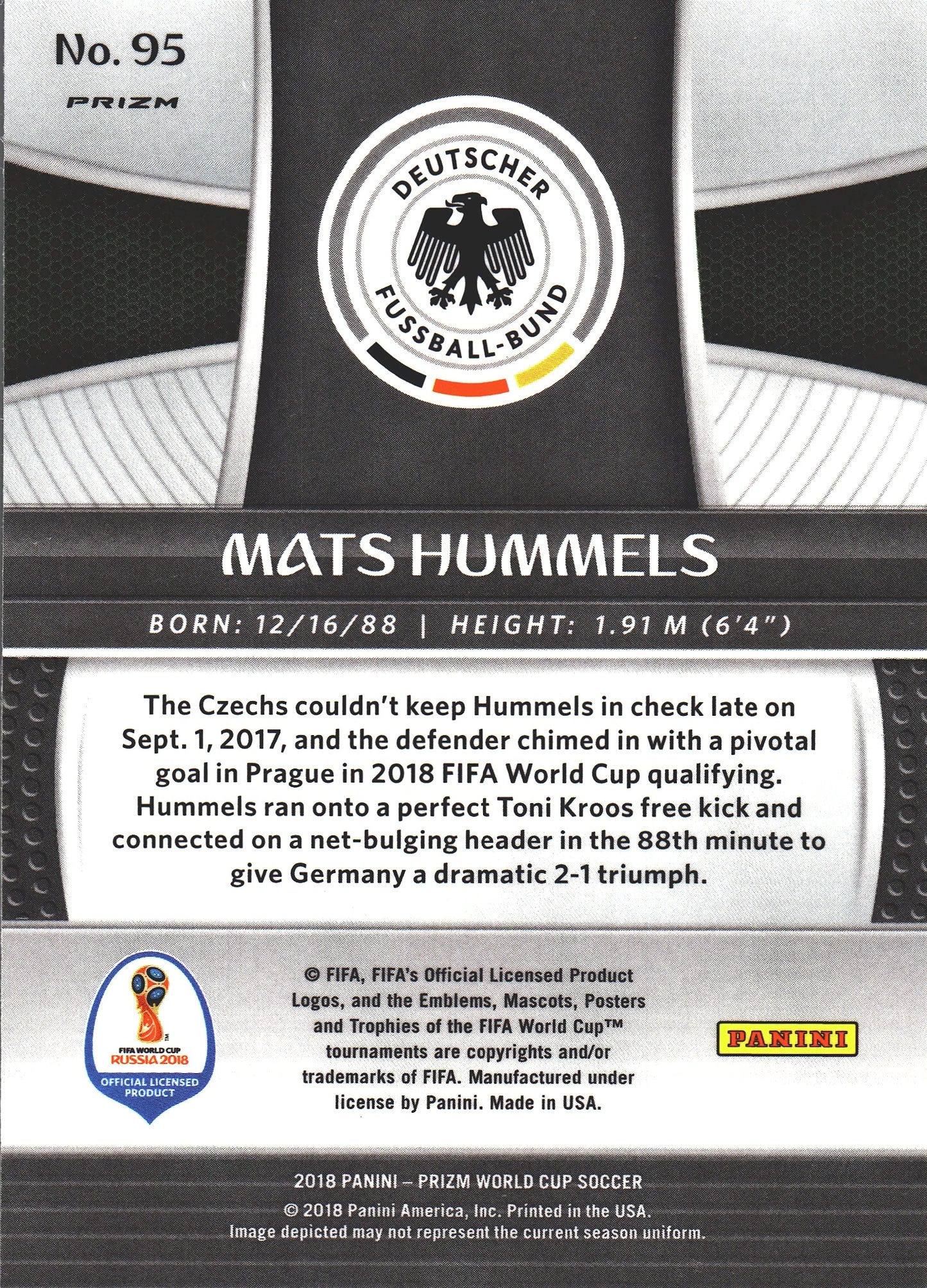 2018 Panini Prizm FIFA World Cup Silver Mats Hummels #95 Allemagne
