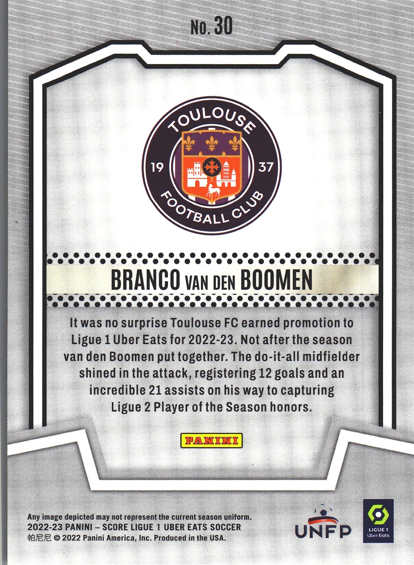 2022 Panini Score Ligue 1 Score Team Branco Van den Boomen RC #30 Toulouse FC
