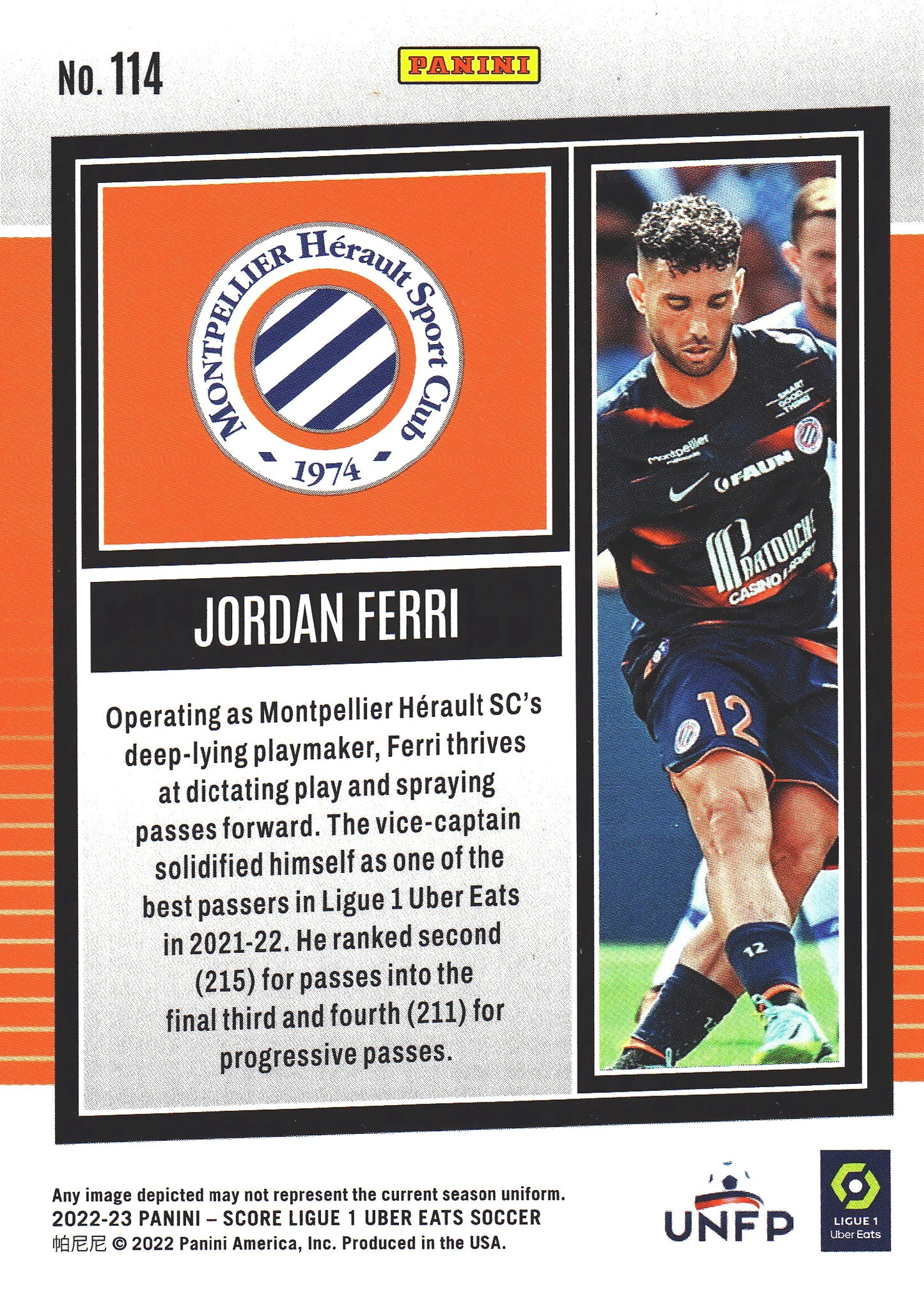 2022 Panini Score Ligue 1 Pink Swirl /45 Jordan Ferri RC #114 Montpellier Herault SC
