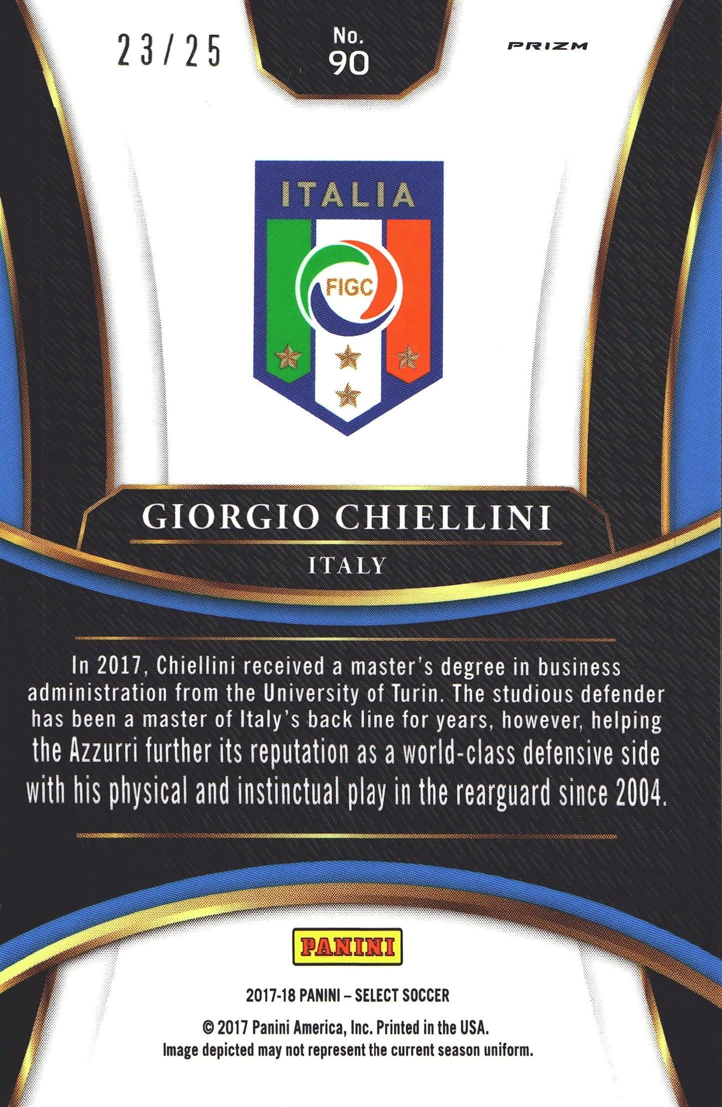 2017 Panini Select Giorgio Chiellini #90 Italie Zebra Prizm /25