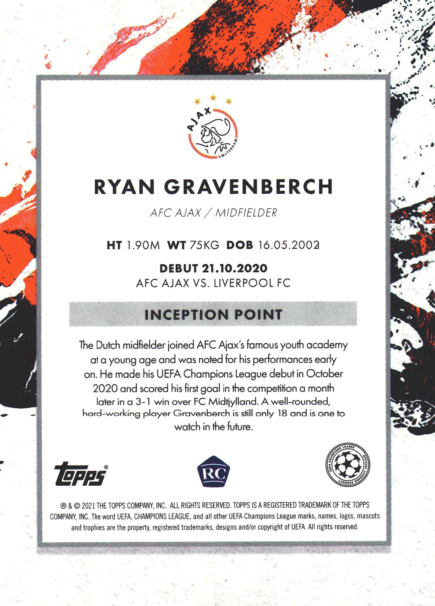 2020 Topps Inception Ryan Gravenberch RC Ajax