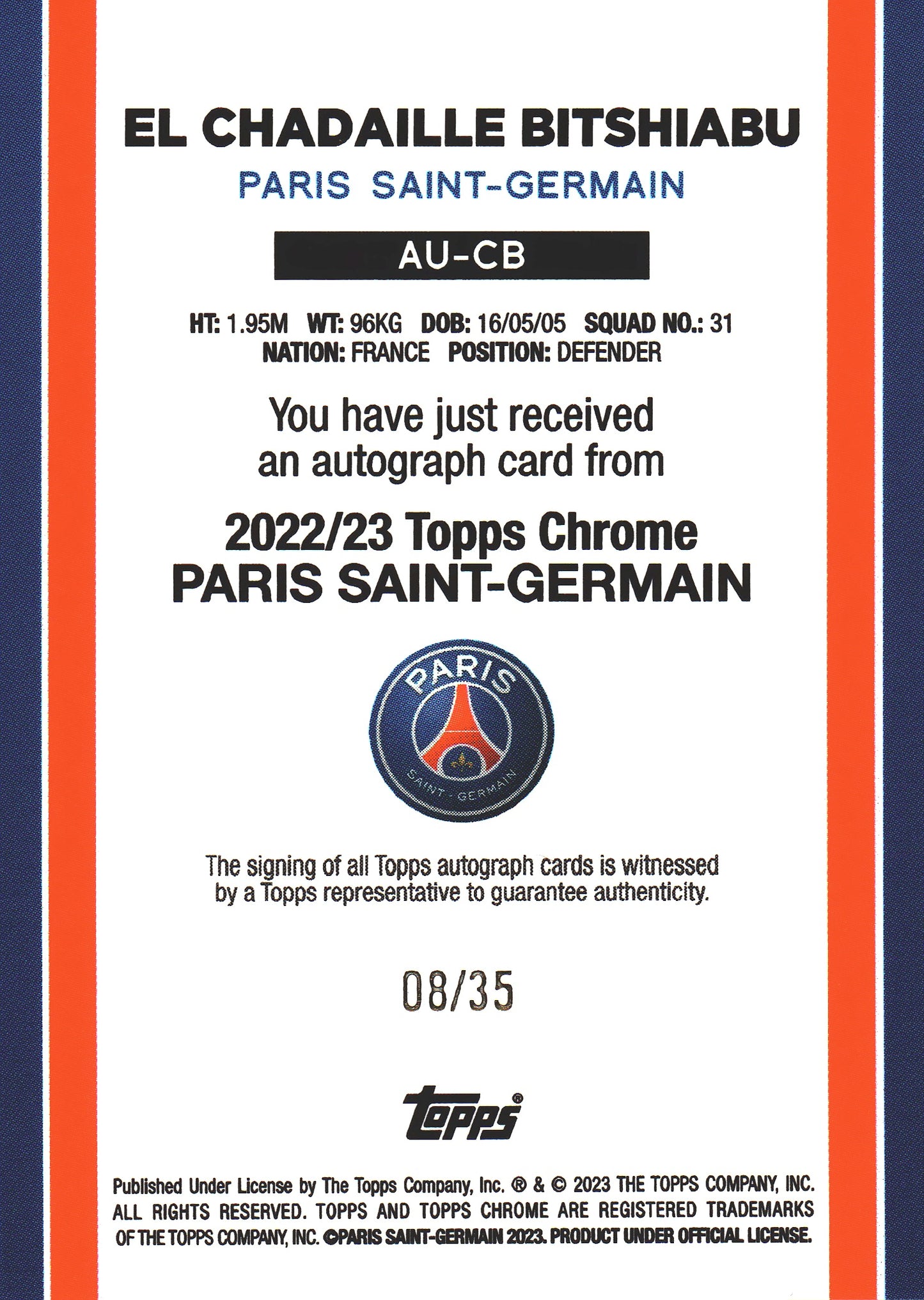 2022 Topps PSG Chrome Set Autograph /35 El Chadaille Bitshiabu RC #AU-CB Paris Saint-Germain
