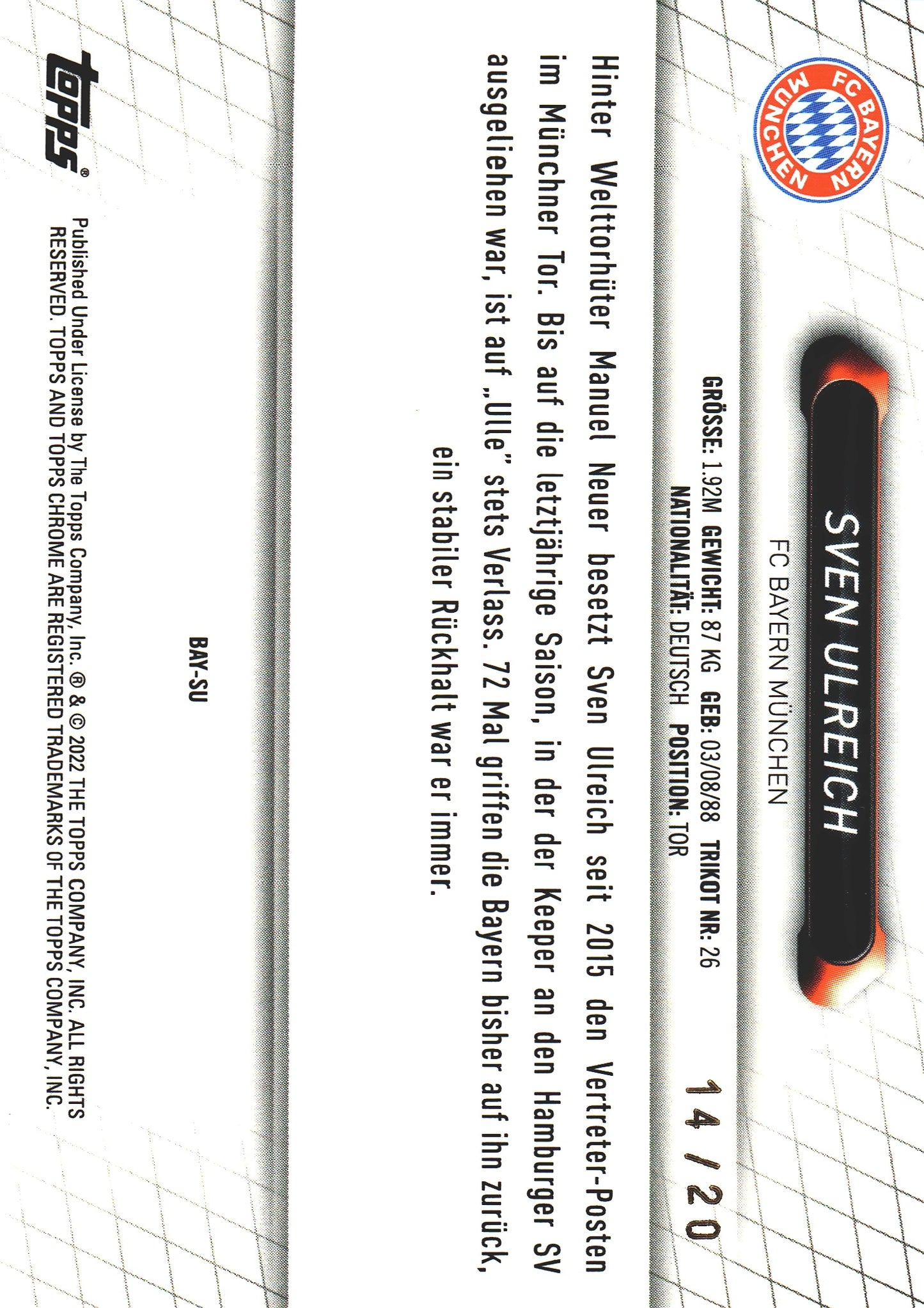 2021 Topps Bayern Munich Chrome Set /20 Sven Ulreich #BAY-SU Bayern Munich