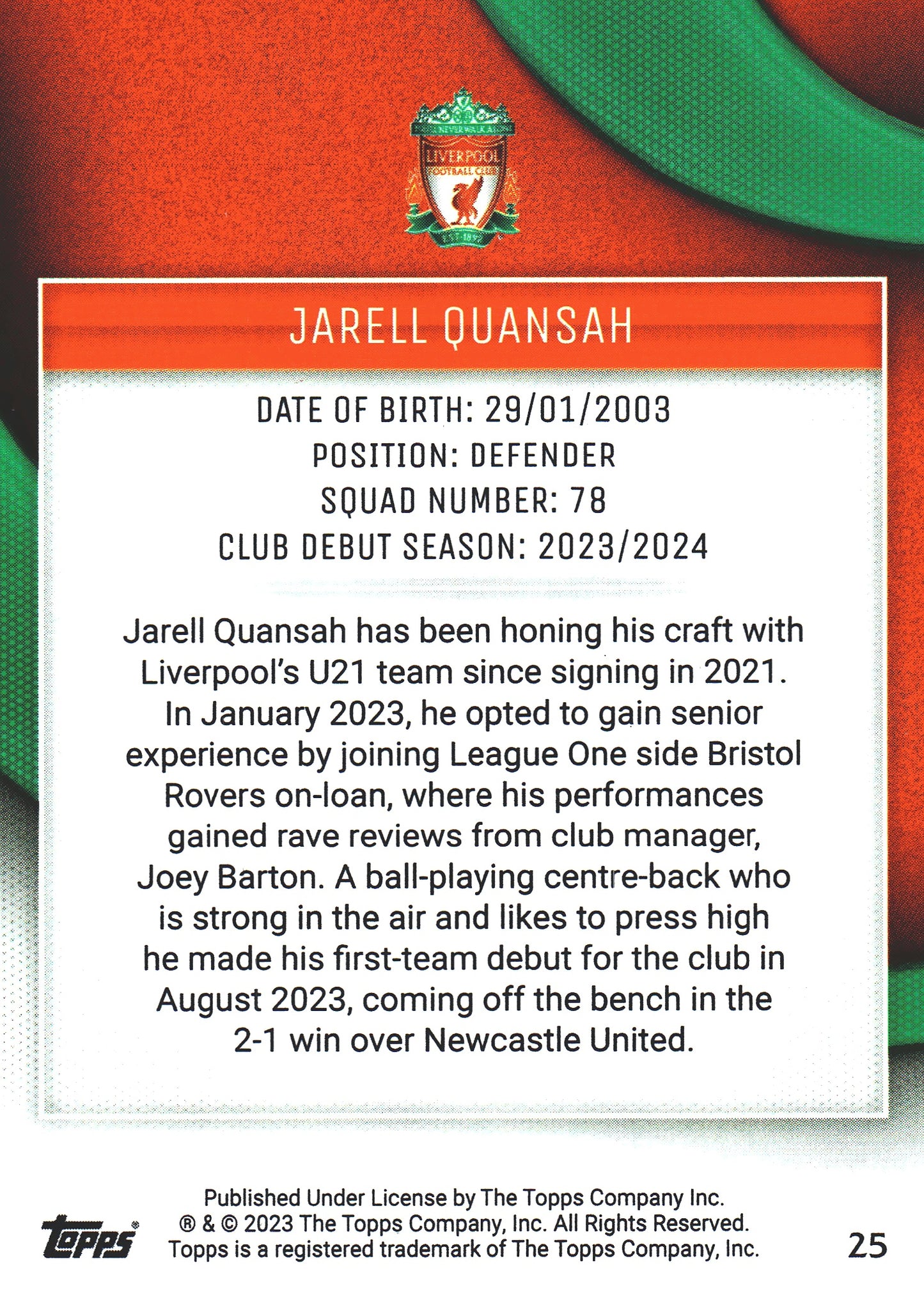 2022 Topps Liverpool Team Set Teal /250 Jarell Quansah RC #25 Liverpool