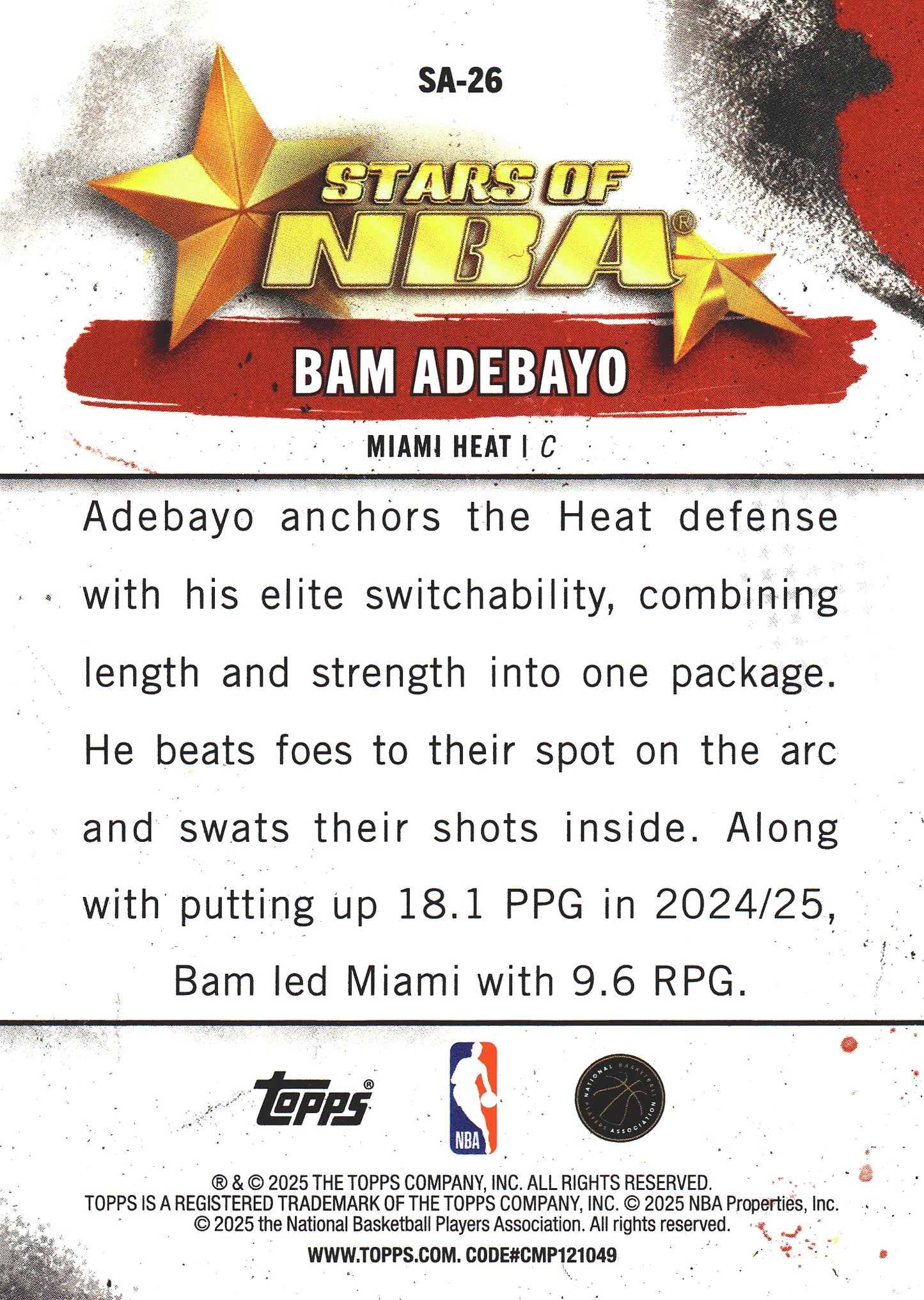 2025 Topps NBA Stars of NBA Bam Adebayo #SA-26 Miami Heat