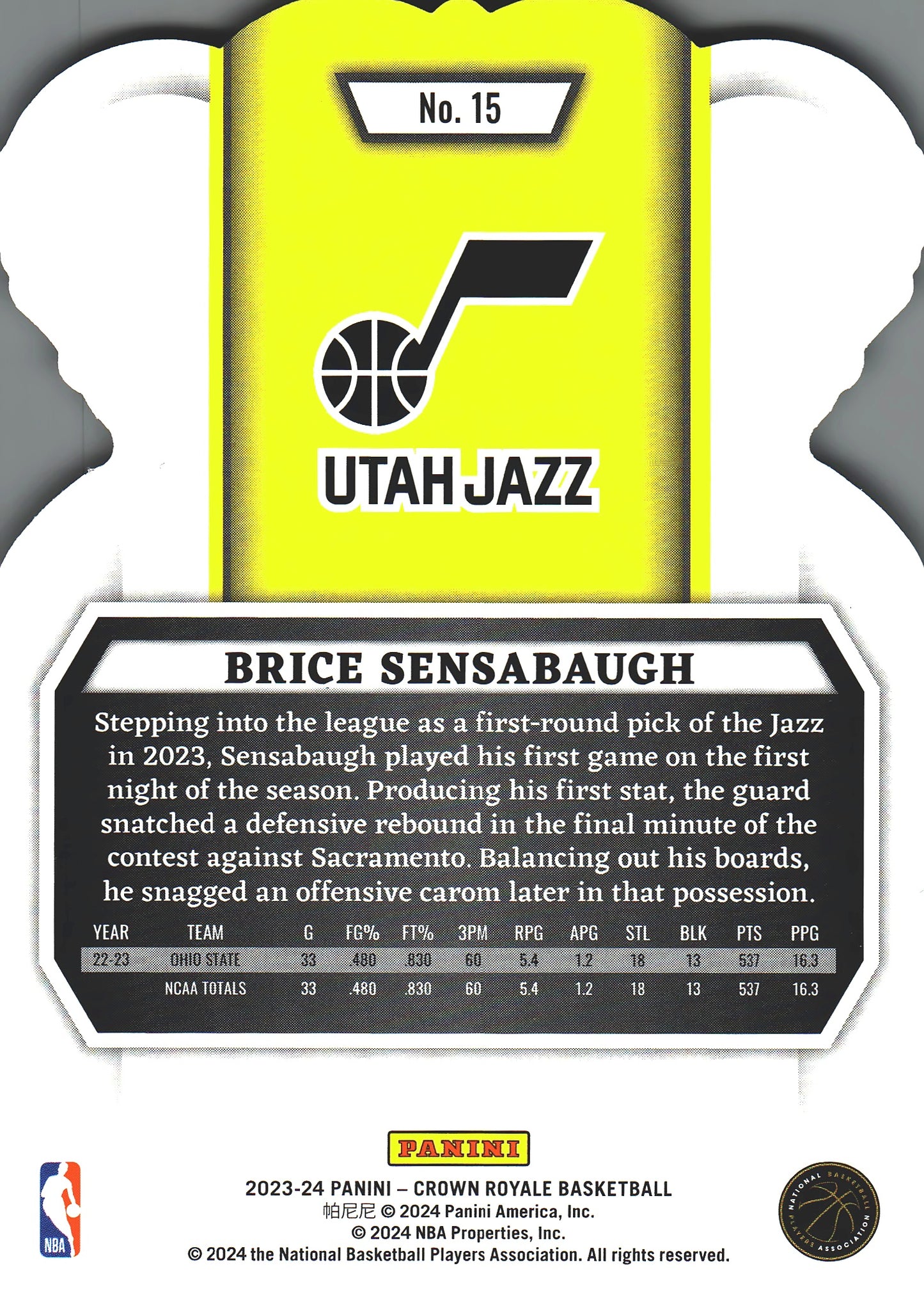 2023 Panini Crown Royale Brice Sensabaugh RC #15 Utah Jazz