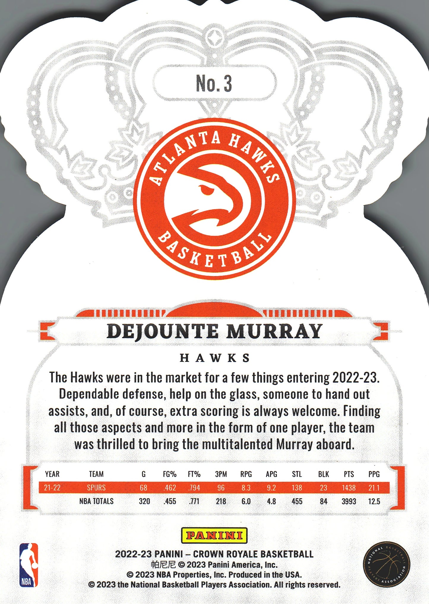 2022 Panini Crown Royale Dejounte Murray #3 Atlanta Hawks