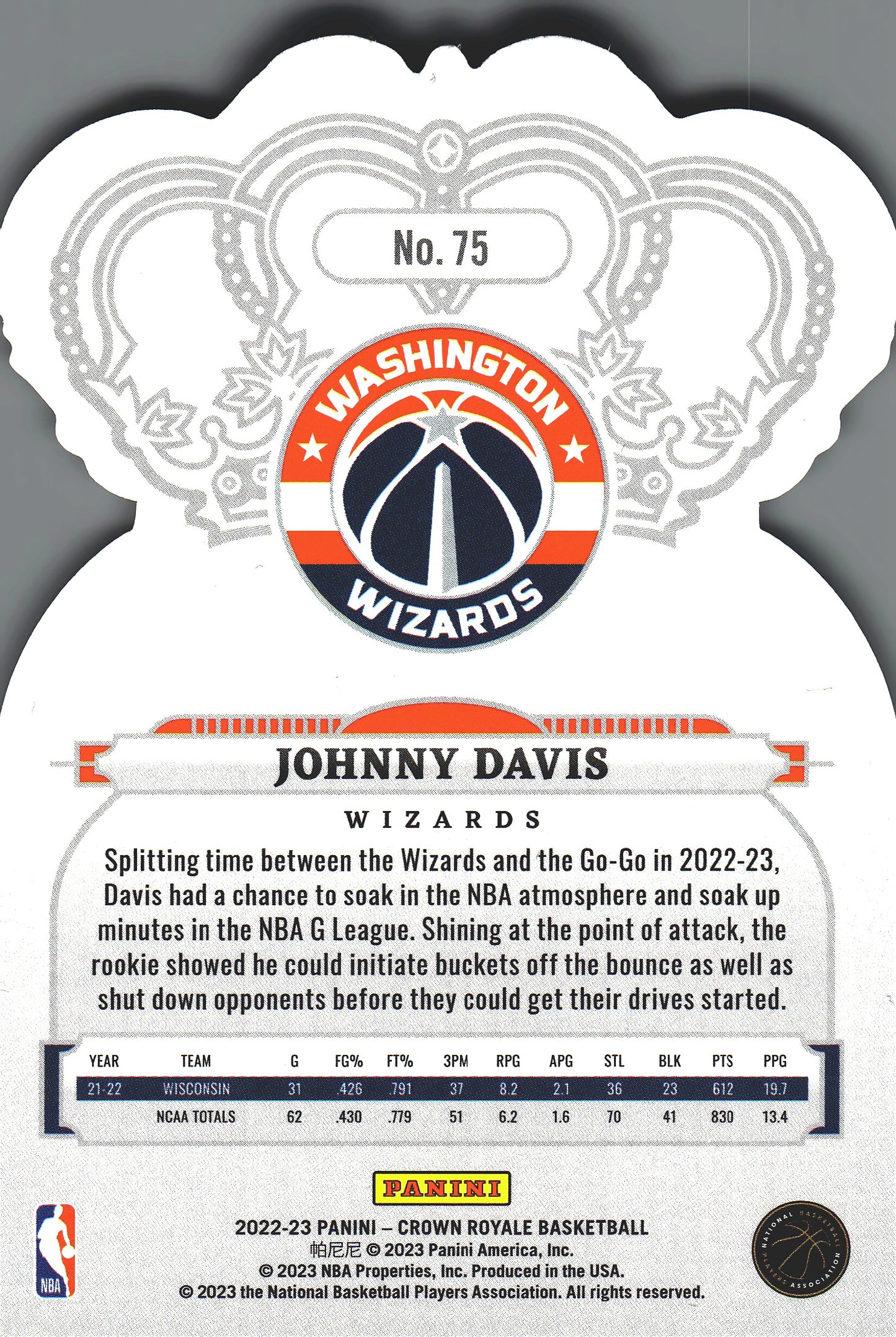 2022 Panini Crown Royale Johnny Davis RC #75 Washington Wizards