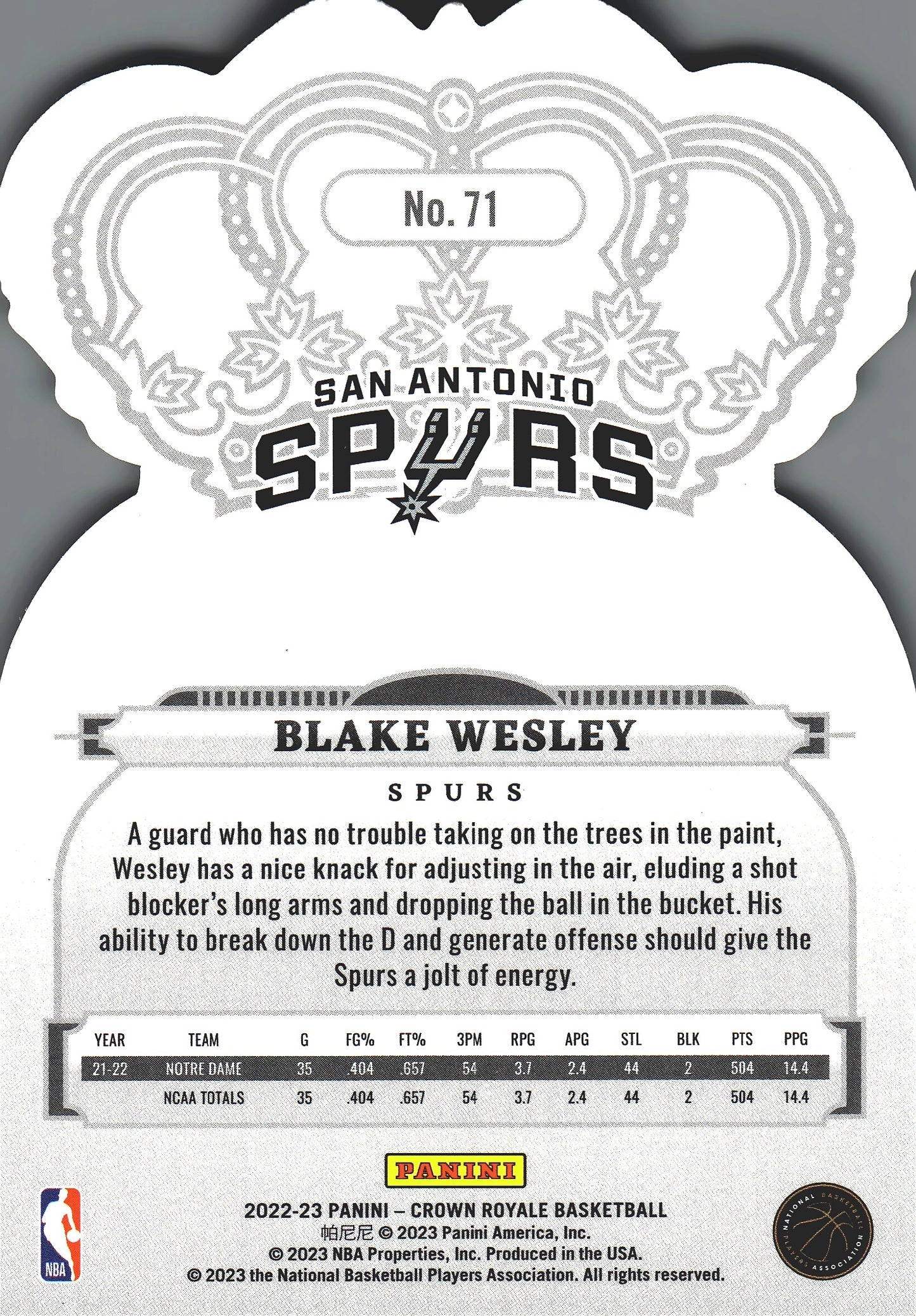 2022 Panini Crown Royale Blake Wesley RC #71 San Antonio Spurs