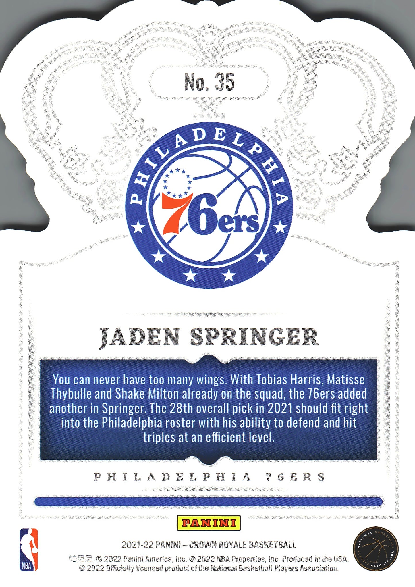 2021 Panini Crown Royale Jaden Springer RC #35 Philadelphia 76ers