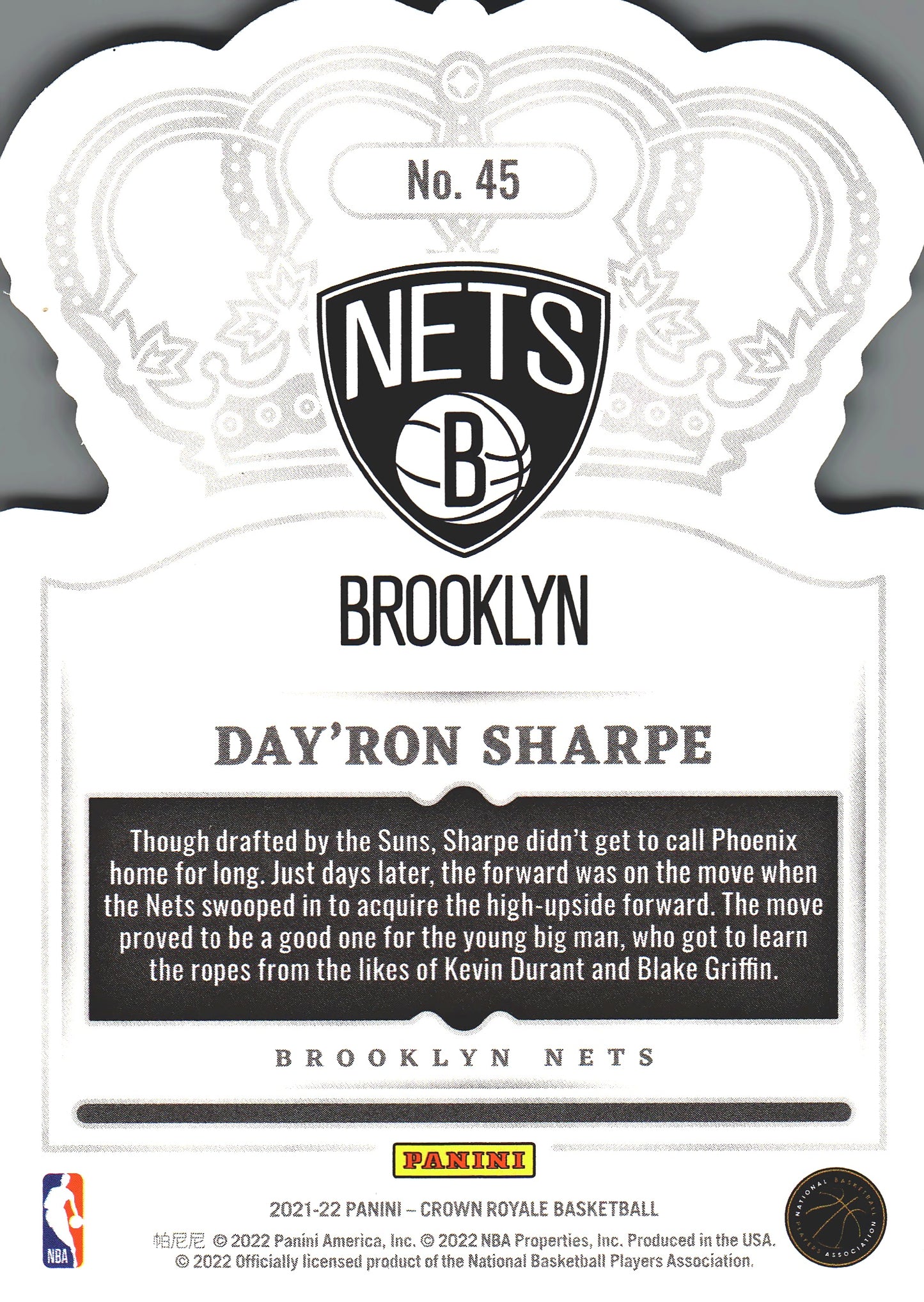 2021 Panini Crown Royale Day'Ron Sharpe RC #45 Brooklyn Nets