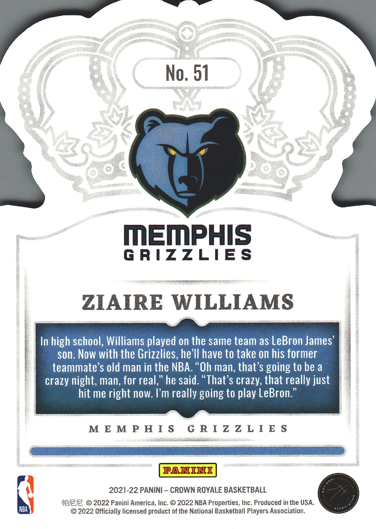 2021 Panini Crown Royale Ziaire Williams RC #51 Memphis Grizzlies
