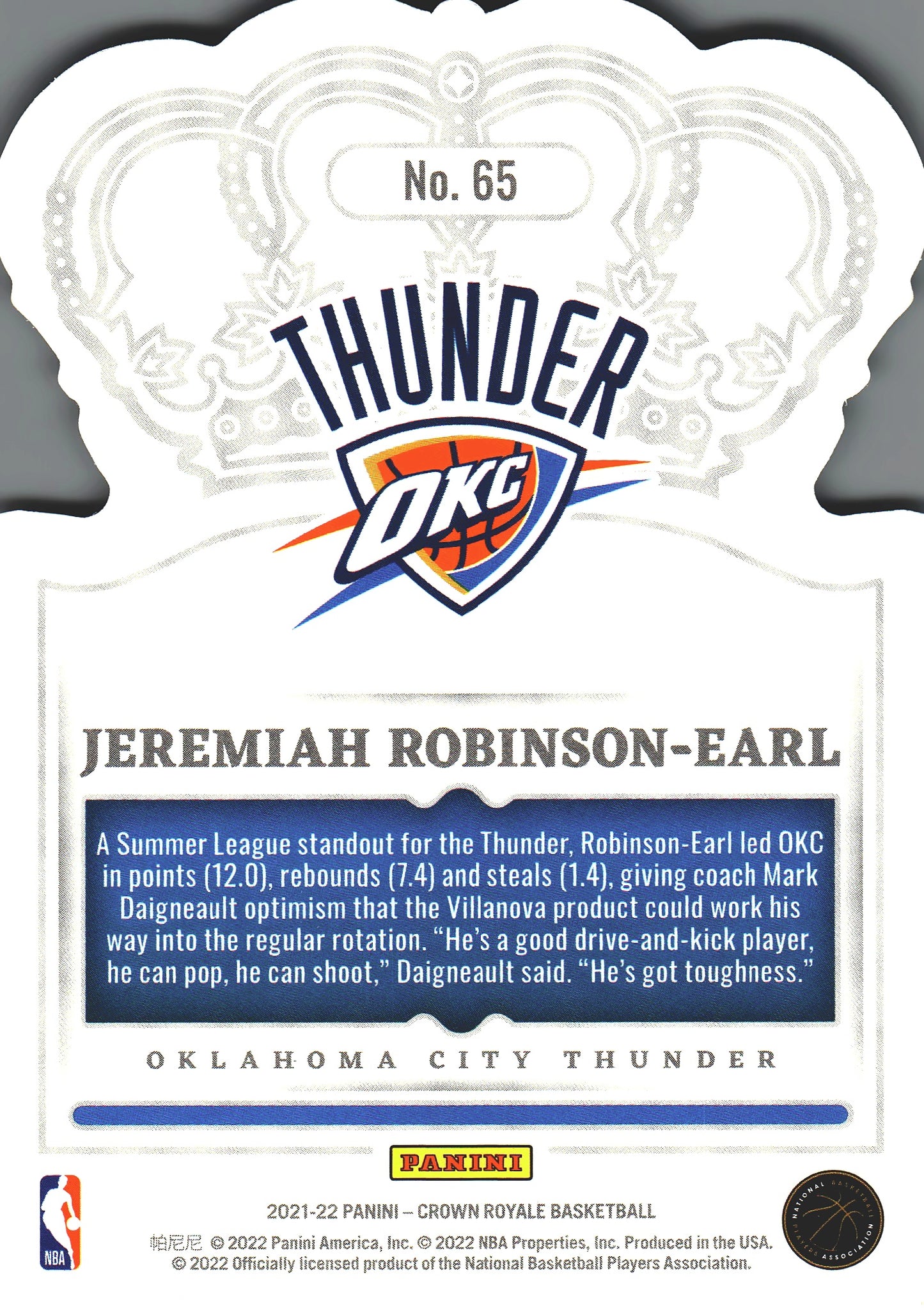 2021 Panini Crown Royale Jeremiah Robinson-Earl RC #65 Oklahoma City Thunder