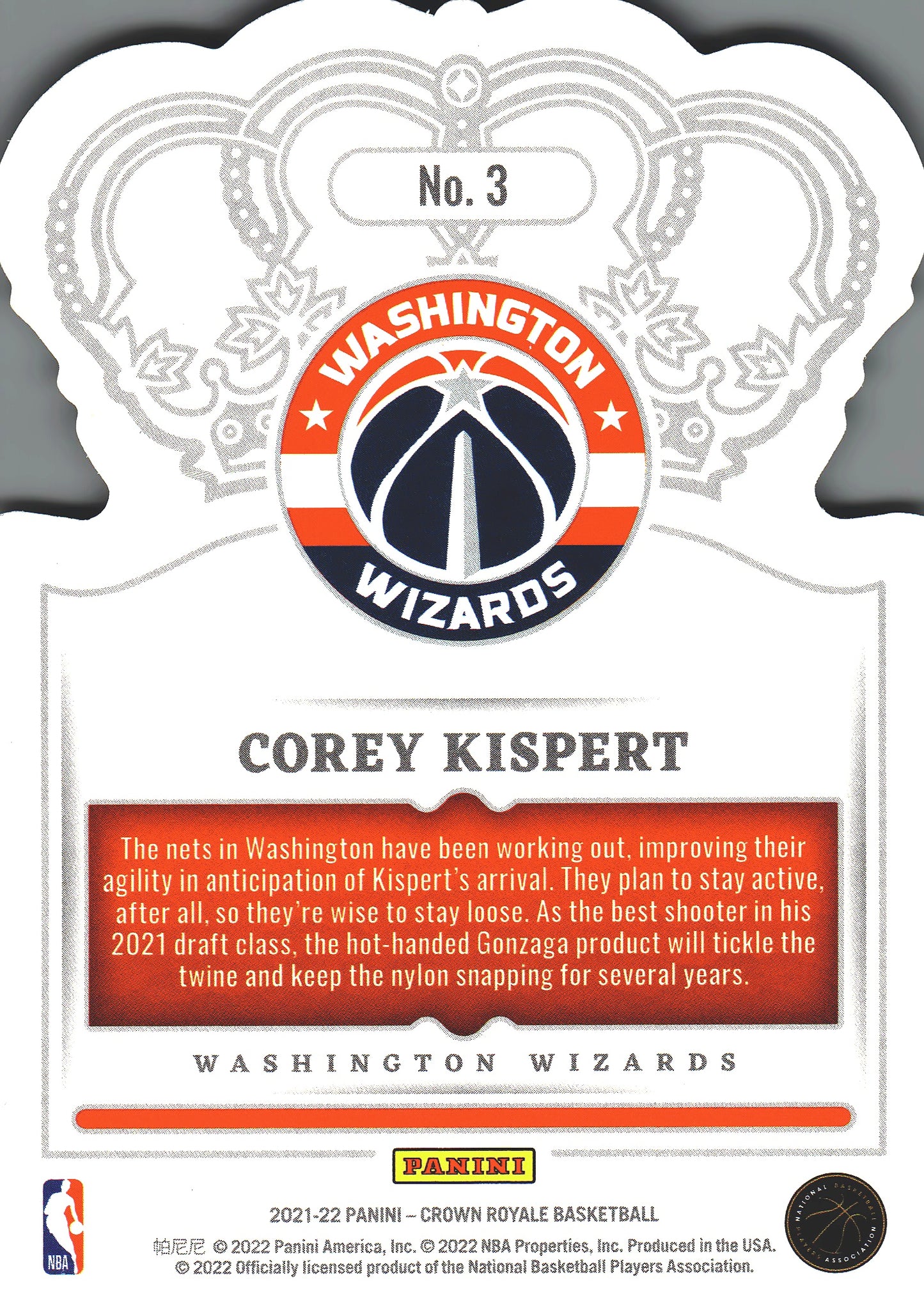 2021 Panini Crown Royale Corey Kispert RC #3 Washington Wizards
