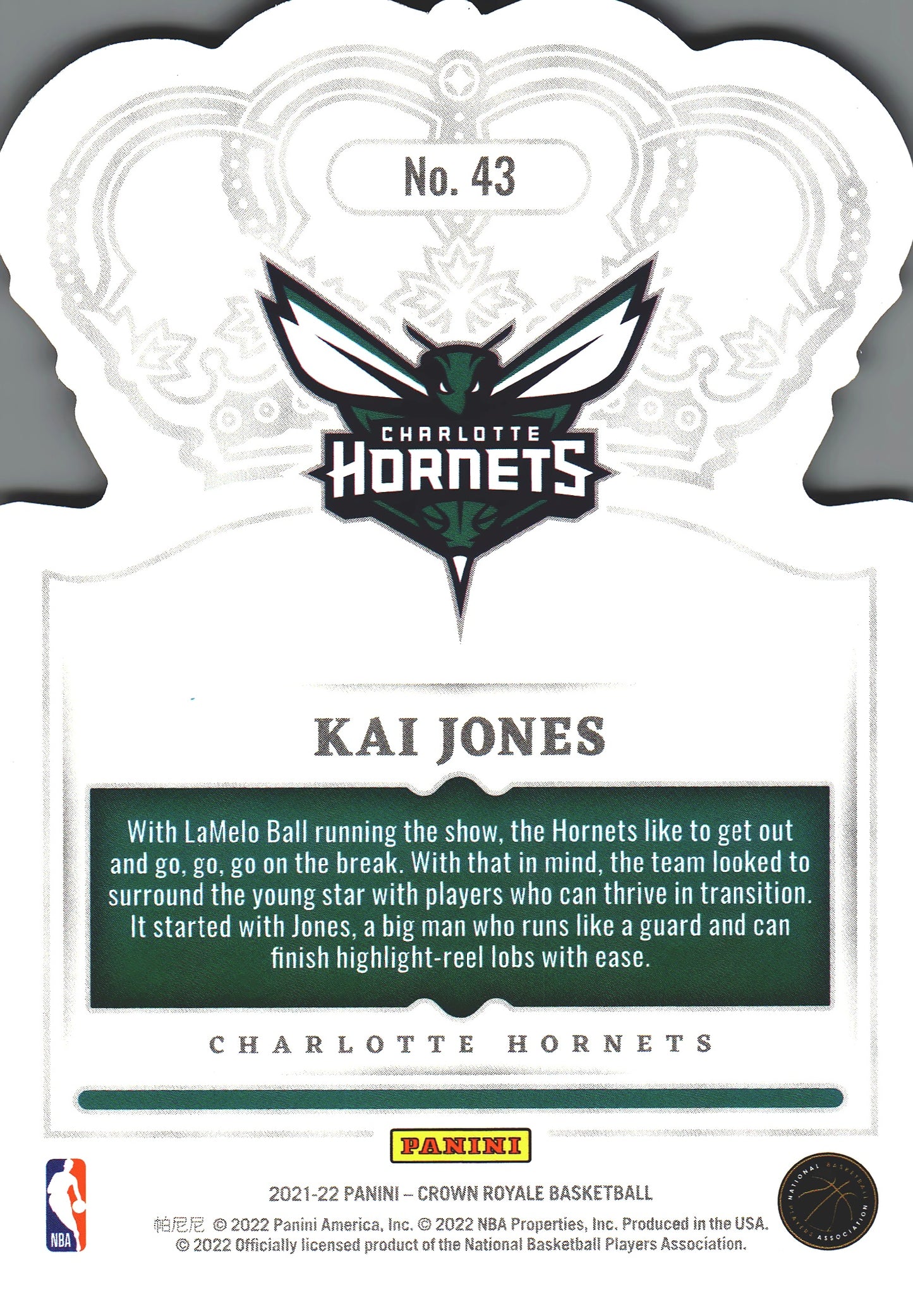 2021 Panini Crown Royale Crystal Kai Jones RC #43 Charlotte Hornets