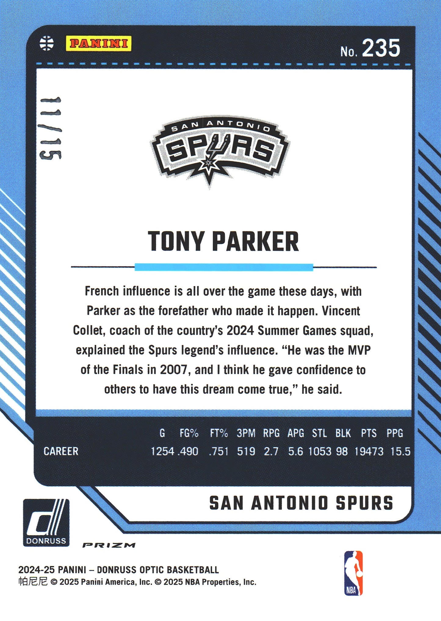 2024 Panini Donruss Optic White Scope /15 Tony Parker #235 San Antonio Spurs