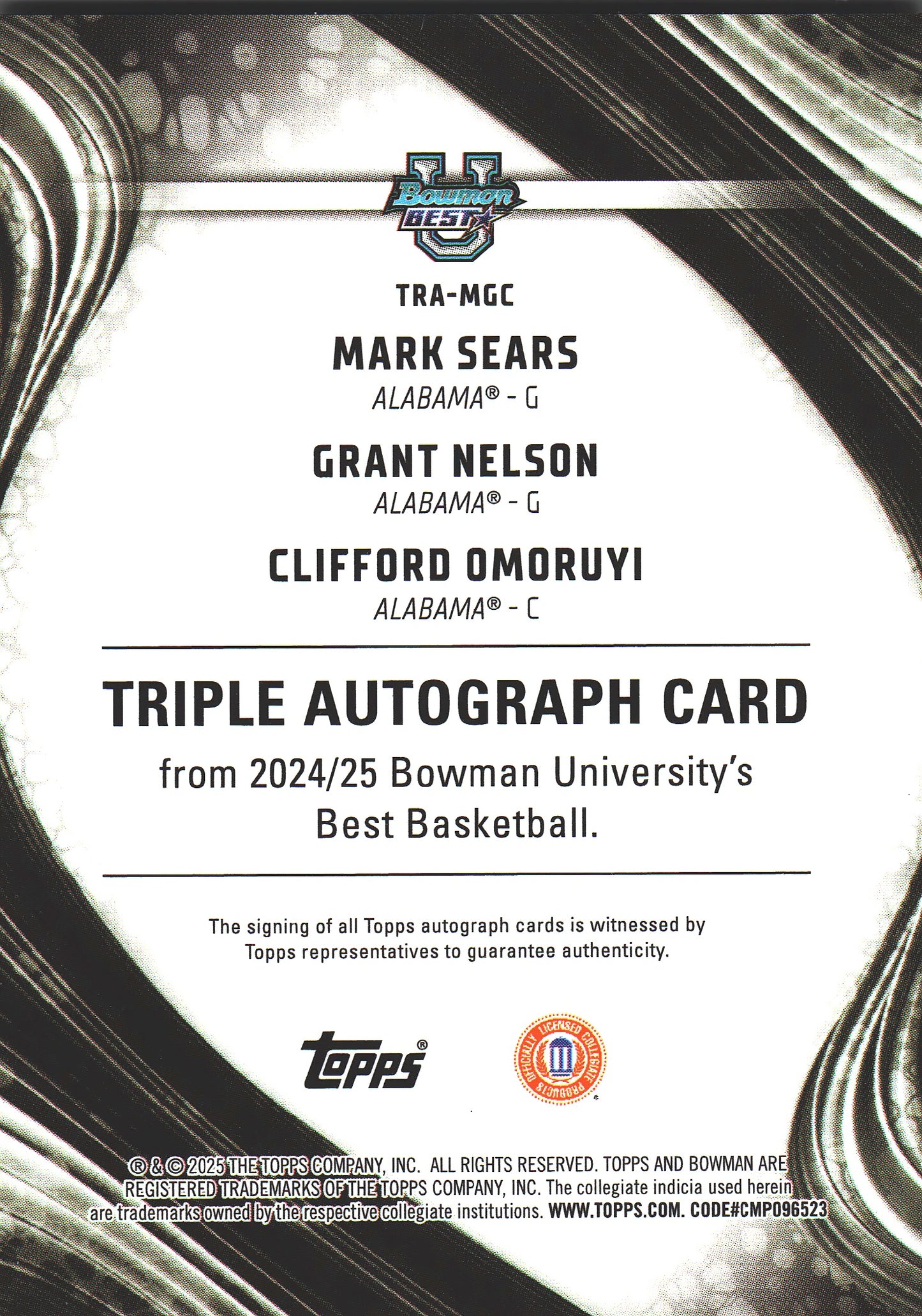 2024 Topps Bowman Best Triple Autograph Red /10 Sears/Nelson/Omoruyi #TRA-MGC Alabama (NCAA)