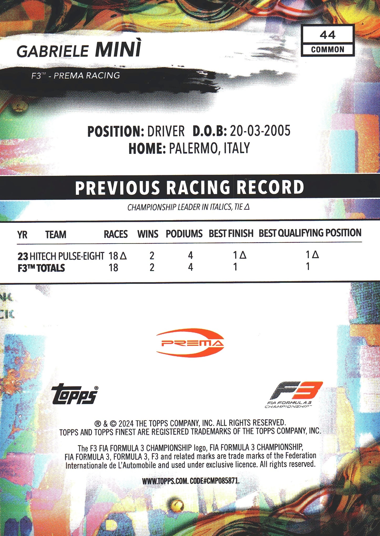 2024 Topps Finest Formula 1 Blue /200 Gabriel Mini #44 F2