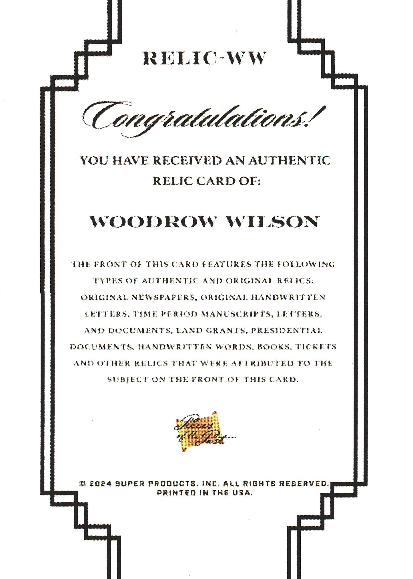 2024 Pieces of the Past Relic Woodrow Wilson #RELIC-WW