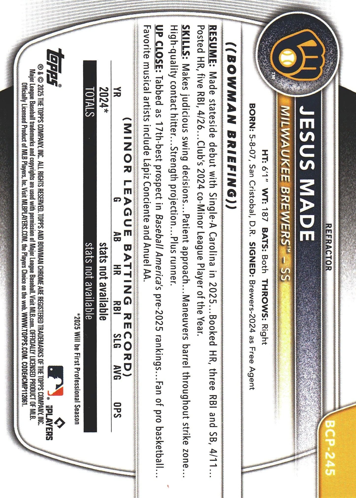 2024 Topps Bowman Chrome Prospect Jesus Made /499 #BCP-245 Milwaukee Brewers