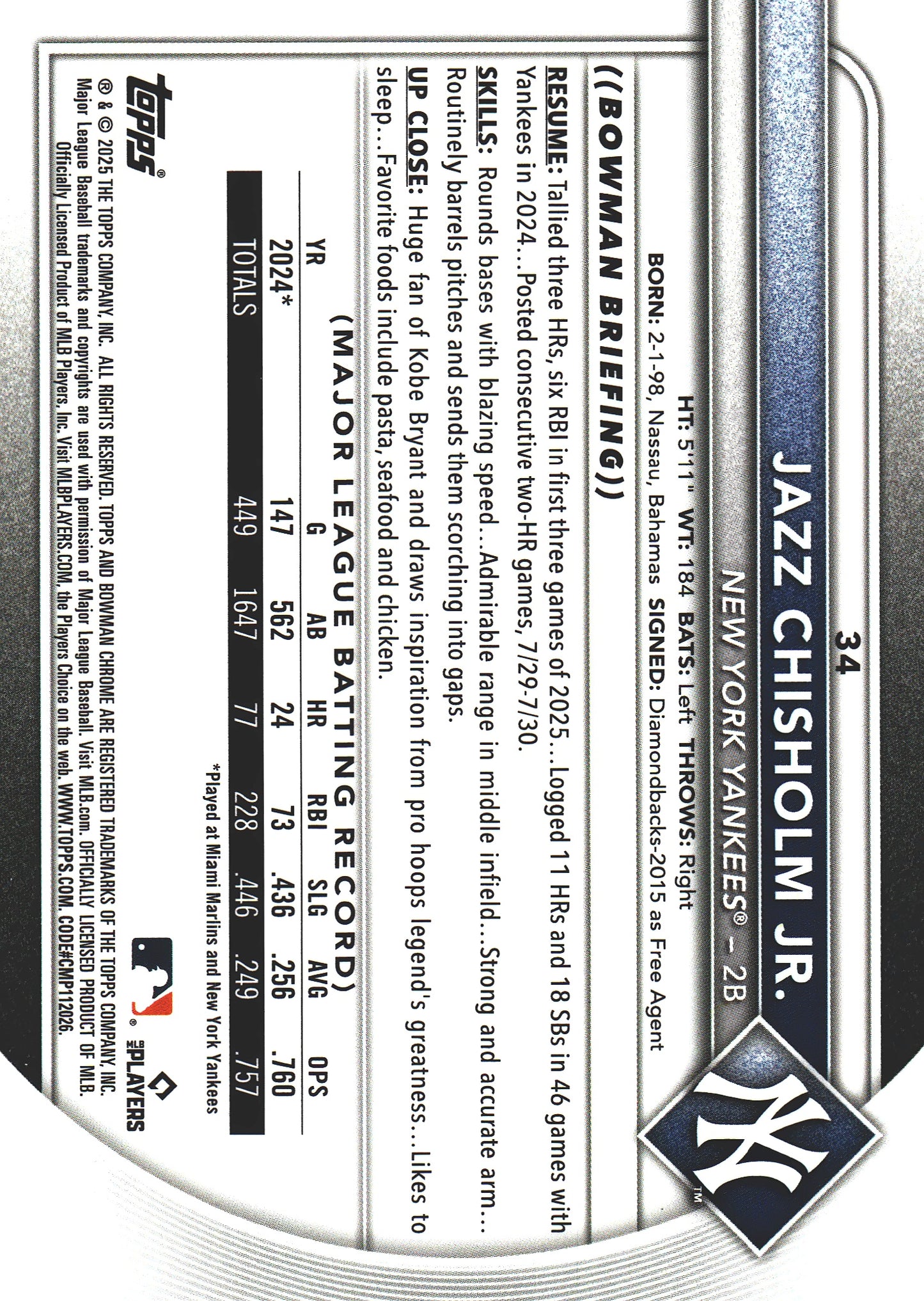 2025 Topps Bowman Chrome Jazz Chisholm Jr Fuchsia /299 #34 New York Yankees