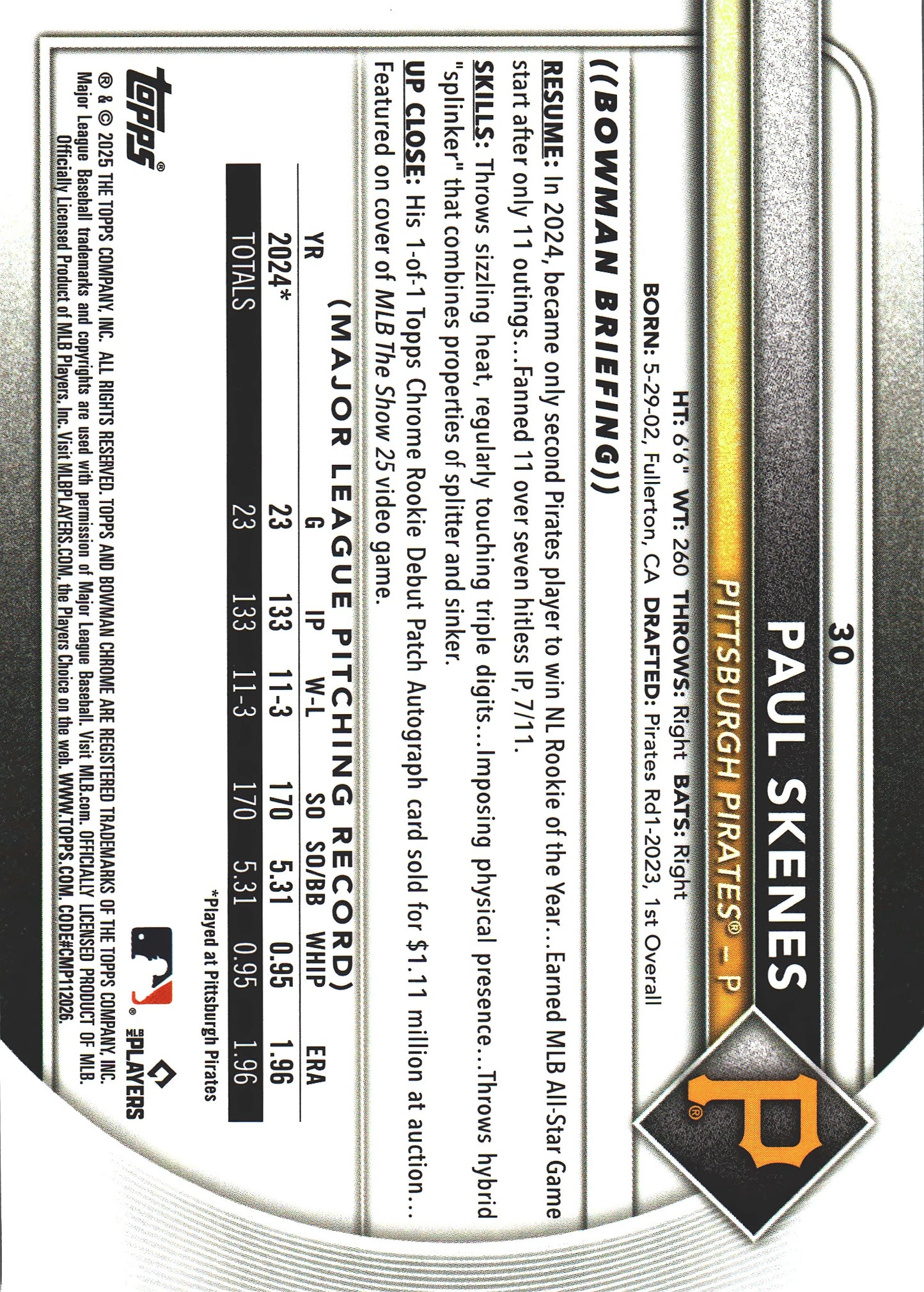 2025 Topps Bowman Chrome Paul Skenes Fuchsia Wave /299 #30 Pittsburgh Pirates