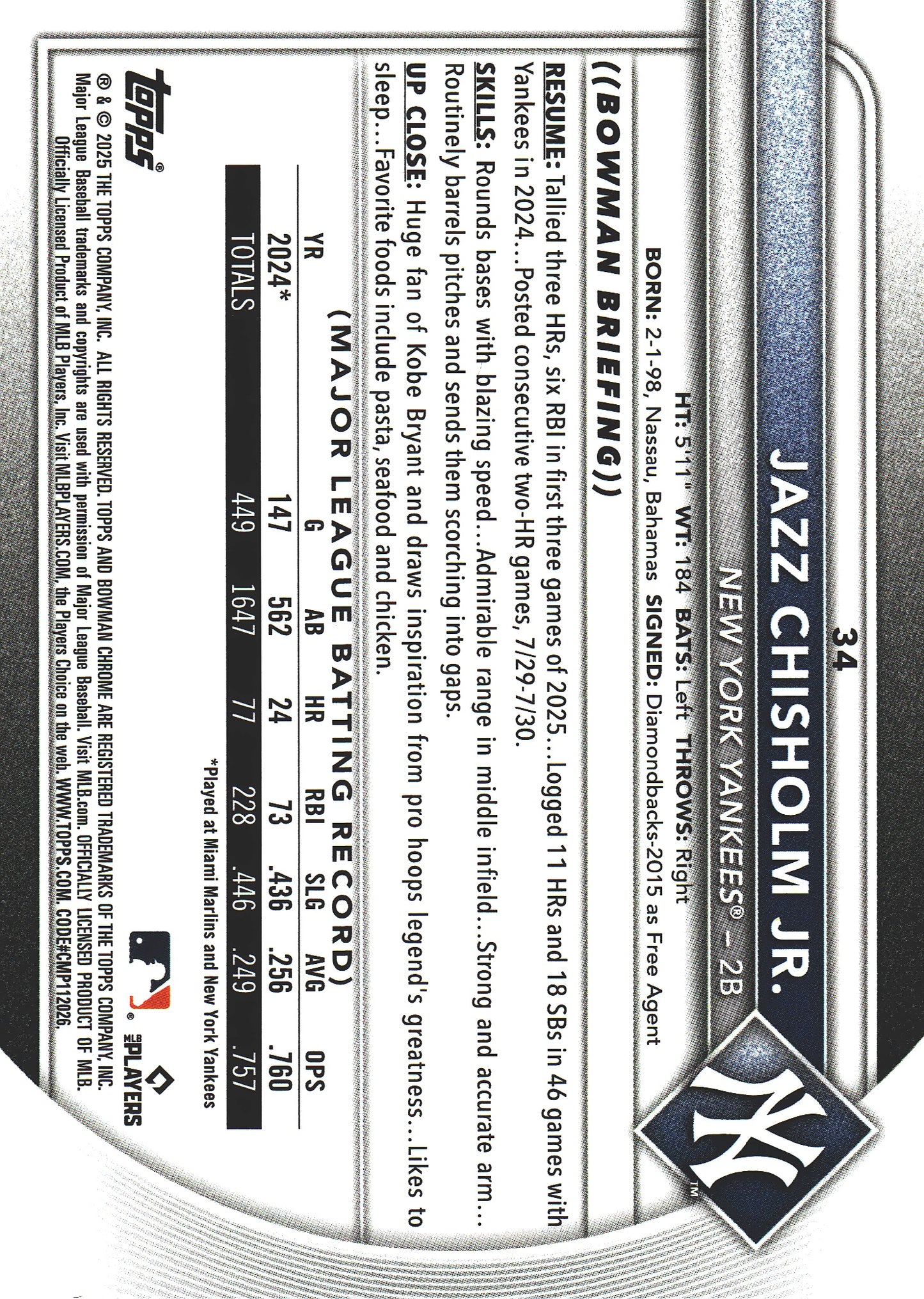 2025 Topps Bowman Chrome Jazz Chisholm Jr Aqua Raywave /199 #34 New York Yankees