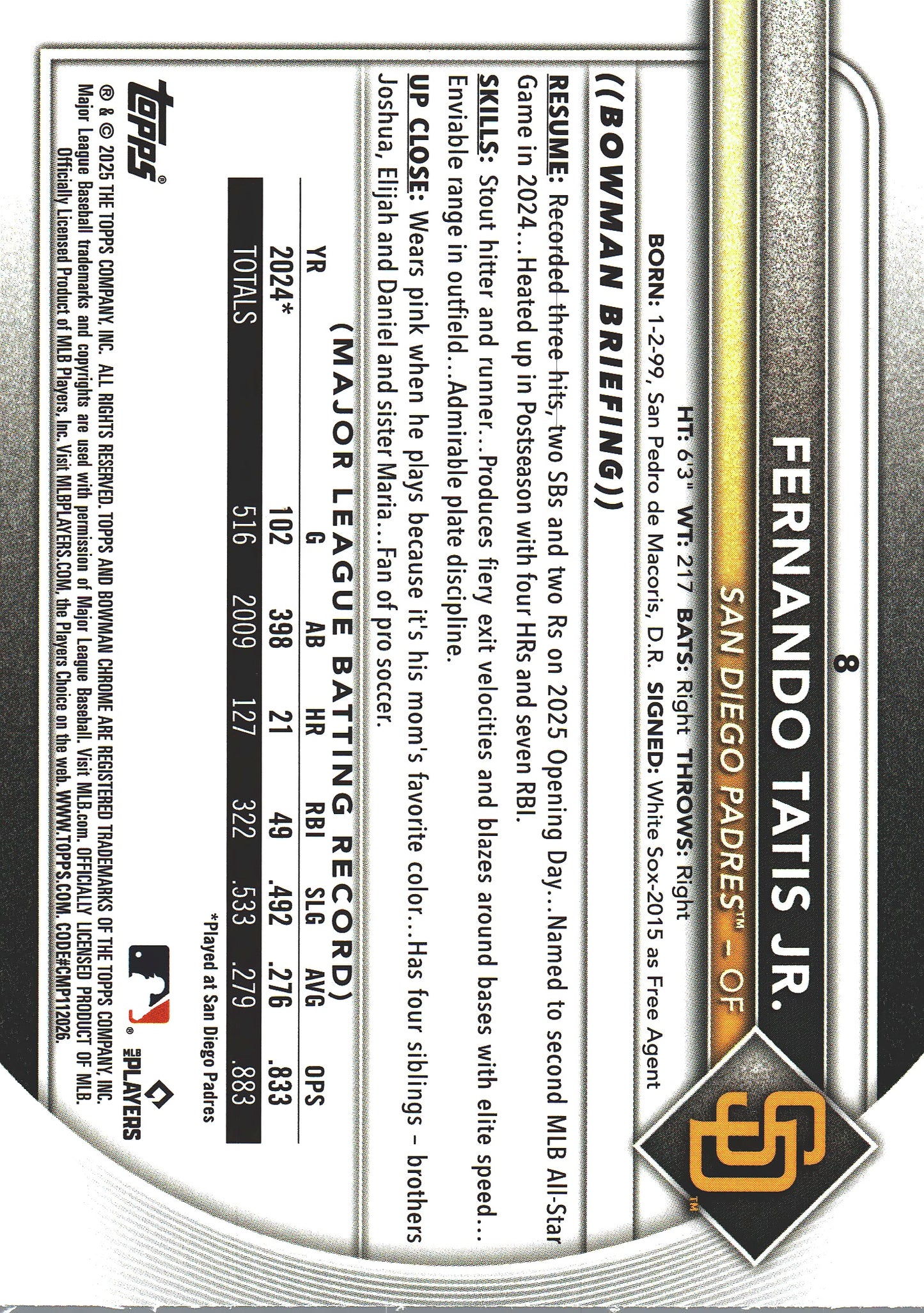 2025 Topps Bowman Chrome Fernando Tatis Jr Blue /150 #8 San Diego Padres