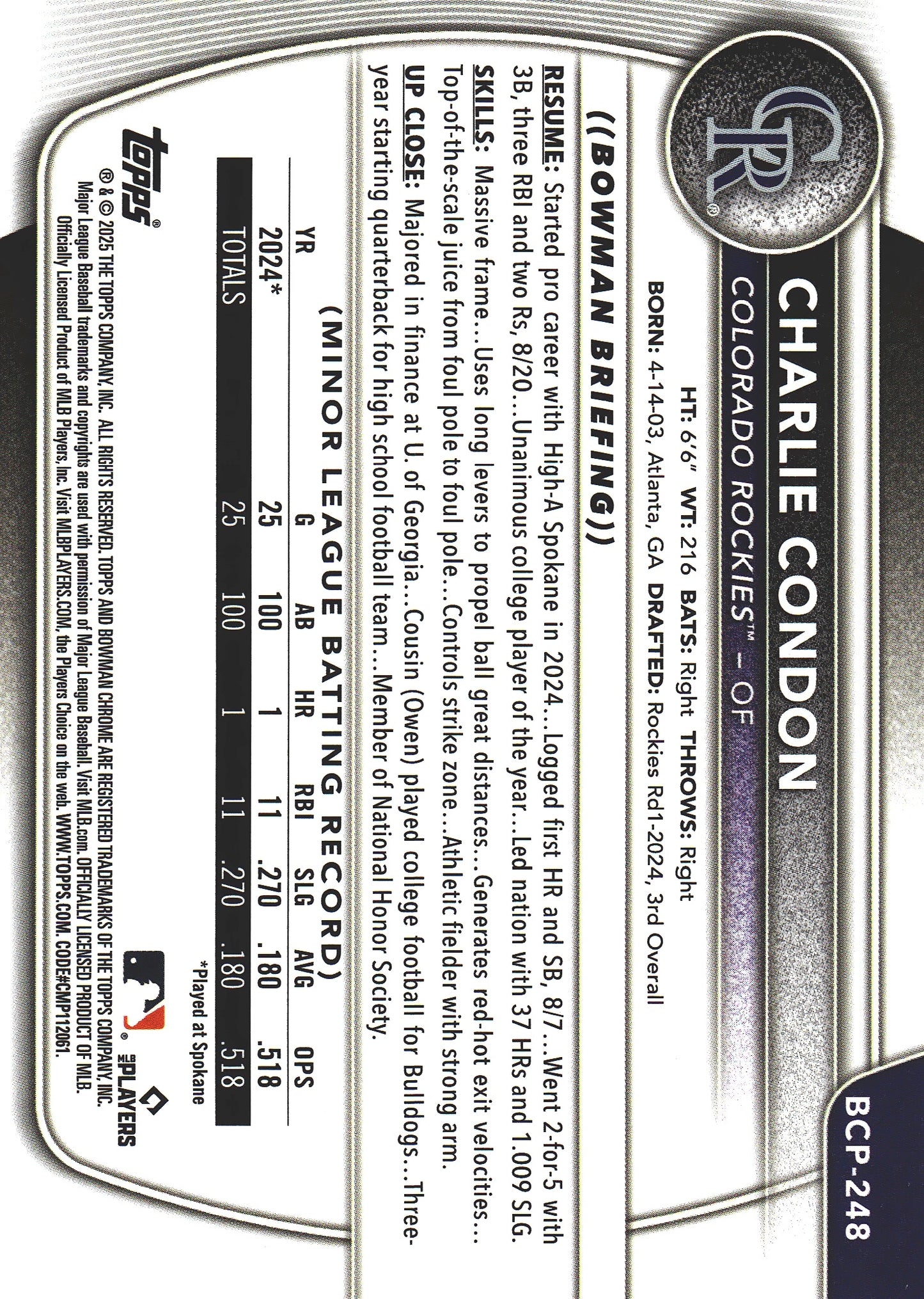 2025 Topps Bowman Chrome Prospect Charlie Condon Aqua Pulsar /125 #BCP-248 Colorado Rockies