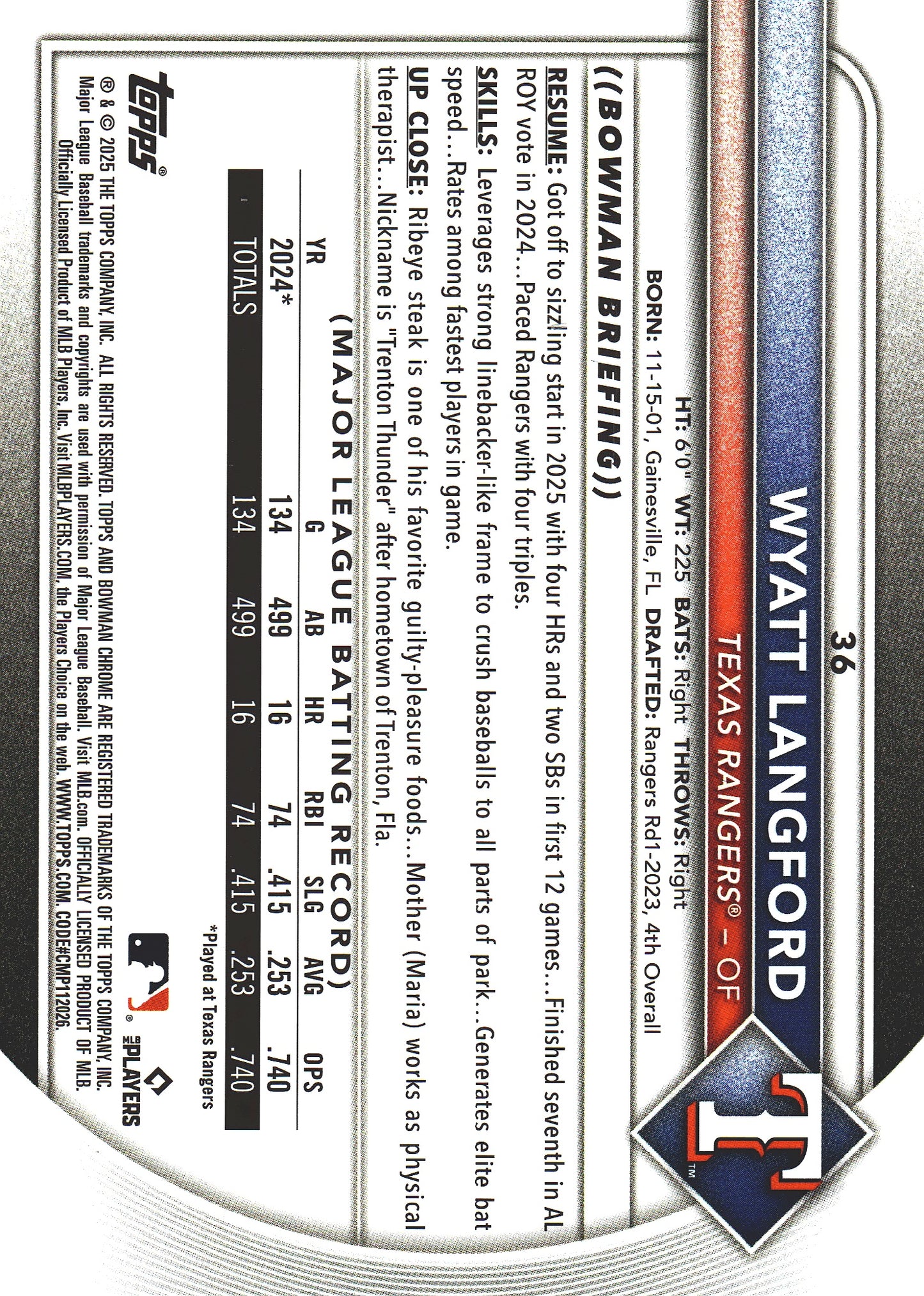 2025 Topps Bowman Chrome Wyatt Langford Green /99 #26 Texas Rangers