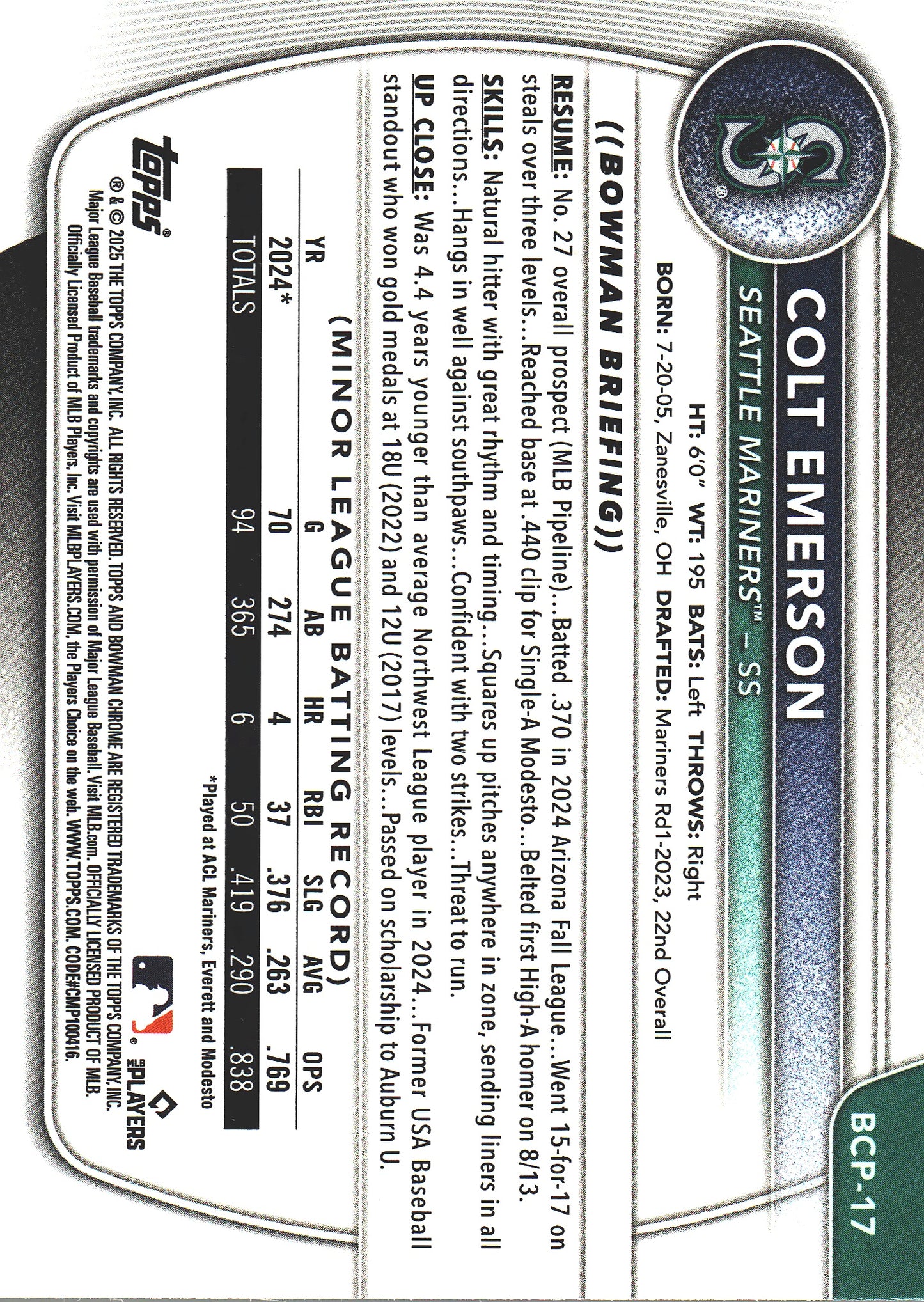 2025 Topps Bowman Chrome Colt Emerson Yellow X-Fractor /75 #BCP-17 Seattle Mariners