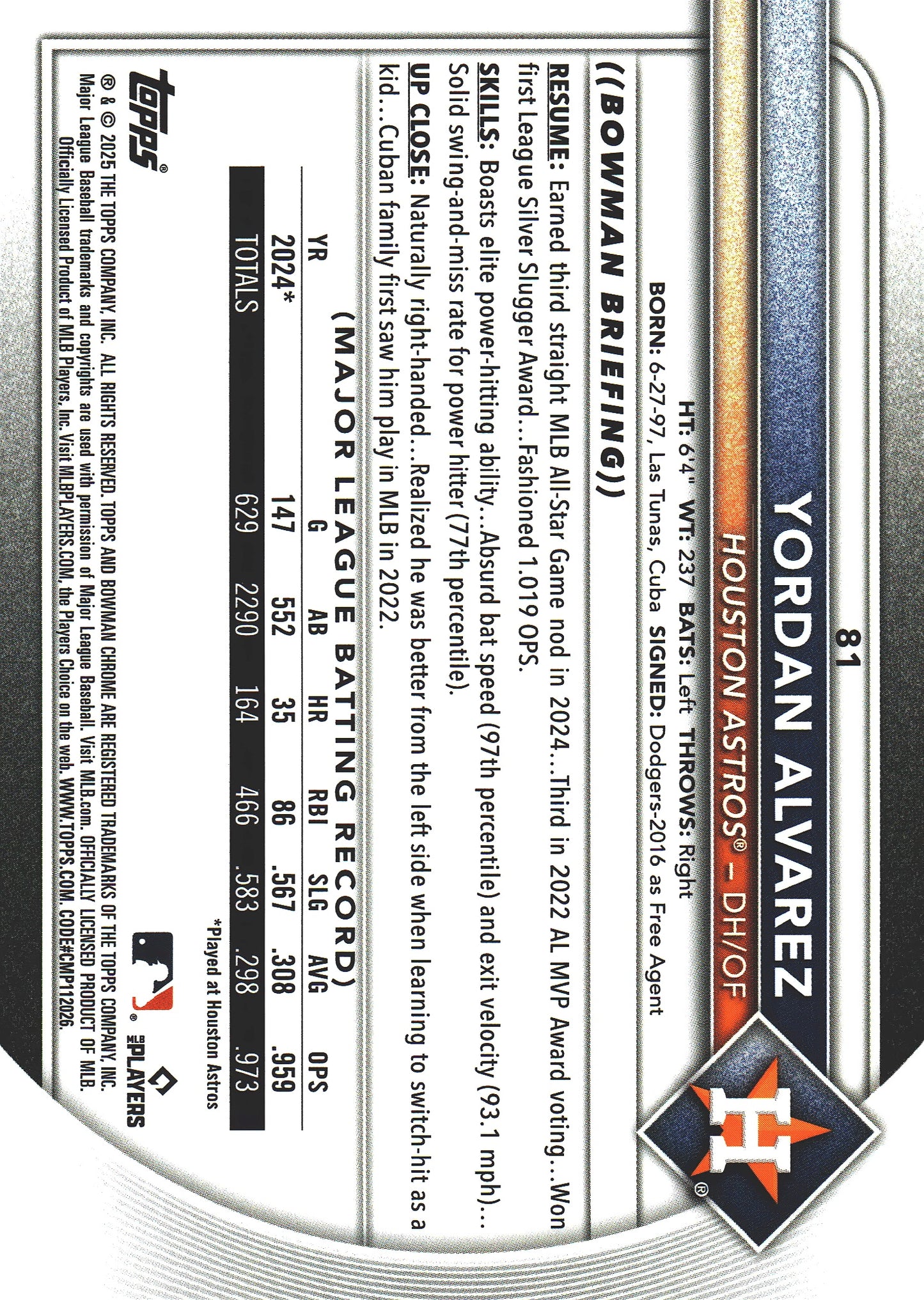 2025 Topps Bowman Chrome Yordan Alvarez Gold /50 #81 Houston Astros