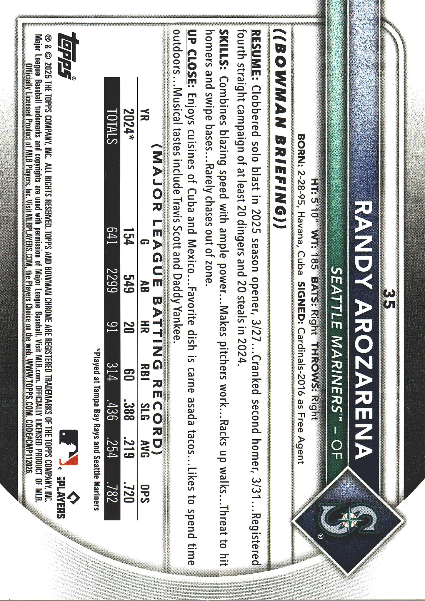 2025 Topps Bowman Chrome Randy Arozarena Orange Geometric /25 #35 Seattle Mariners