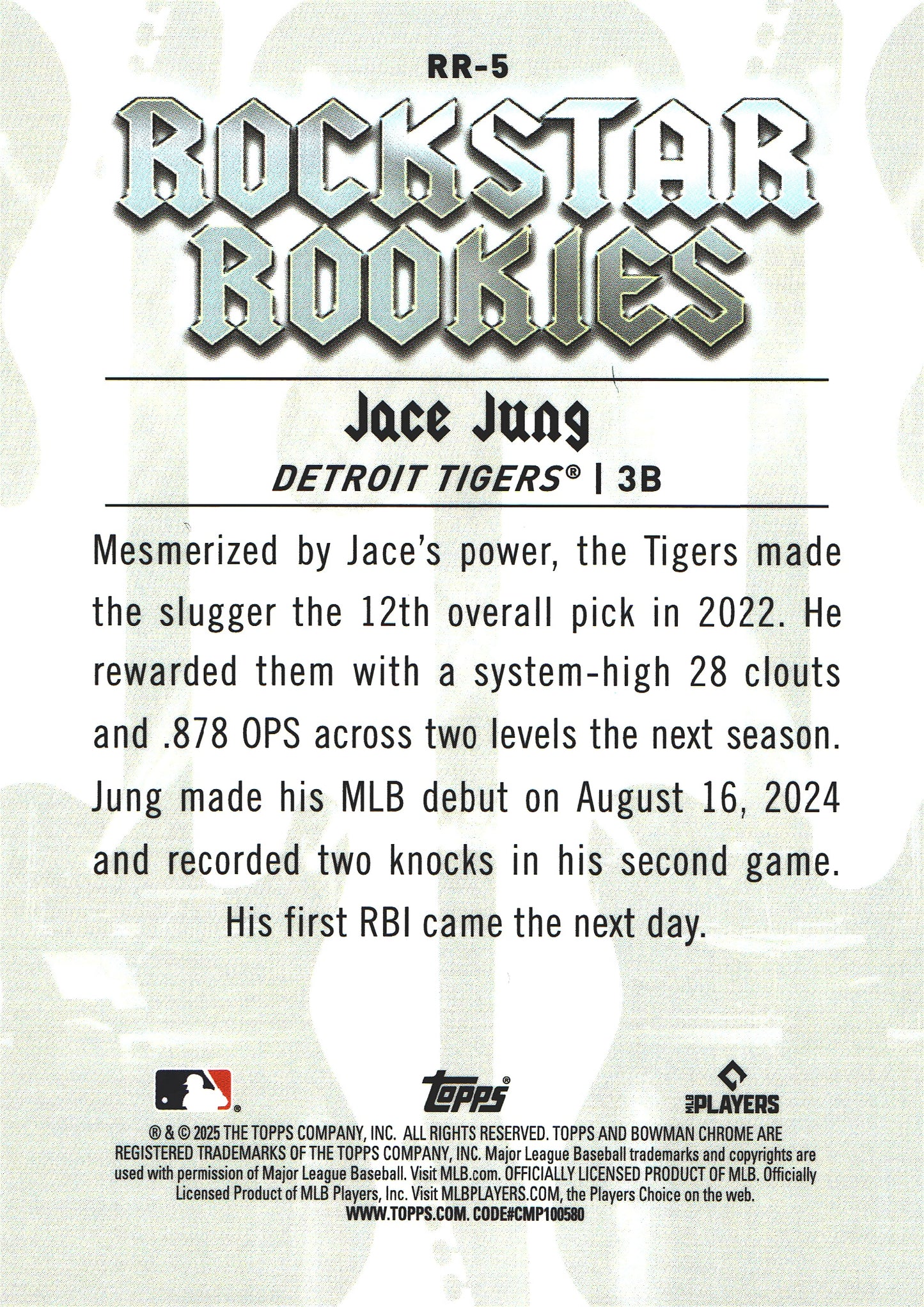 2025 Topps Bowman Chrome Jace Jung Rockstar Rockies RC Orange /25 #RR-5 Detroit Tigers