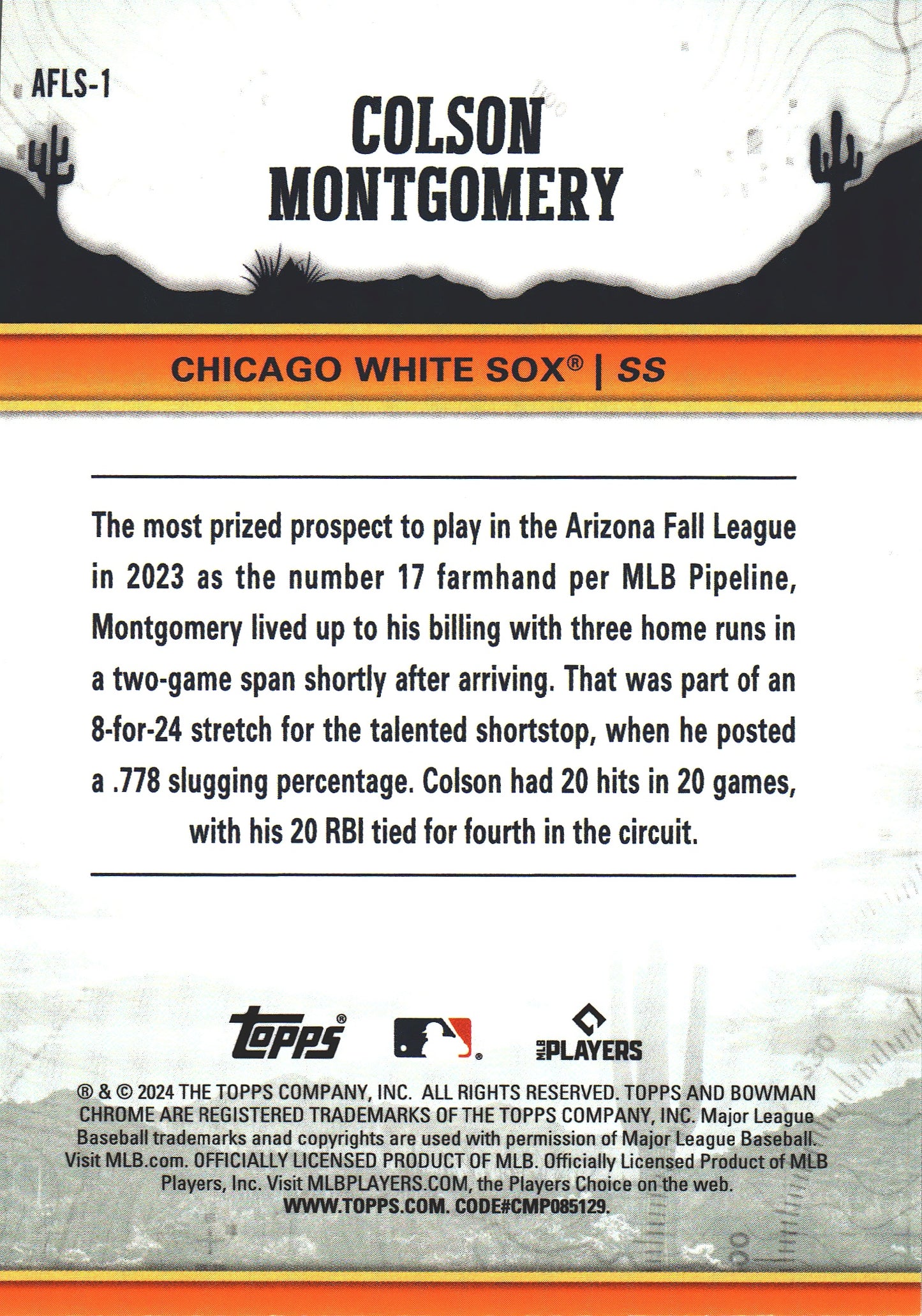 2024 Topps Bowman Chrome AFL Fall Stars Colson Montgomery #AFLS-1 Chicago White Sox