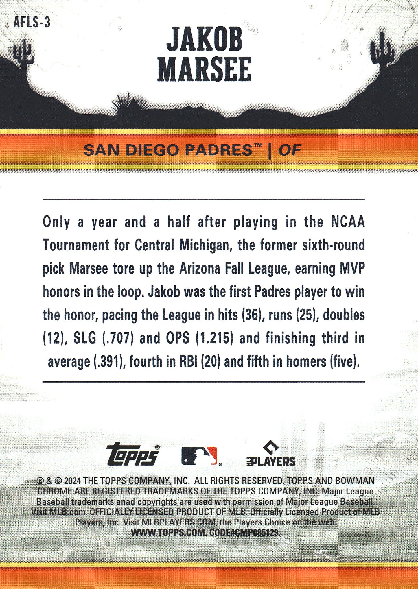 2024 Topps Bowman Chrome AFL Fall Stars Jakob Marsee #AFLS-3 San Diego Padres