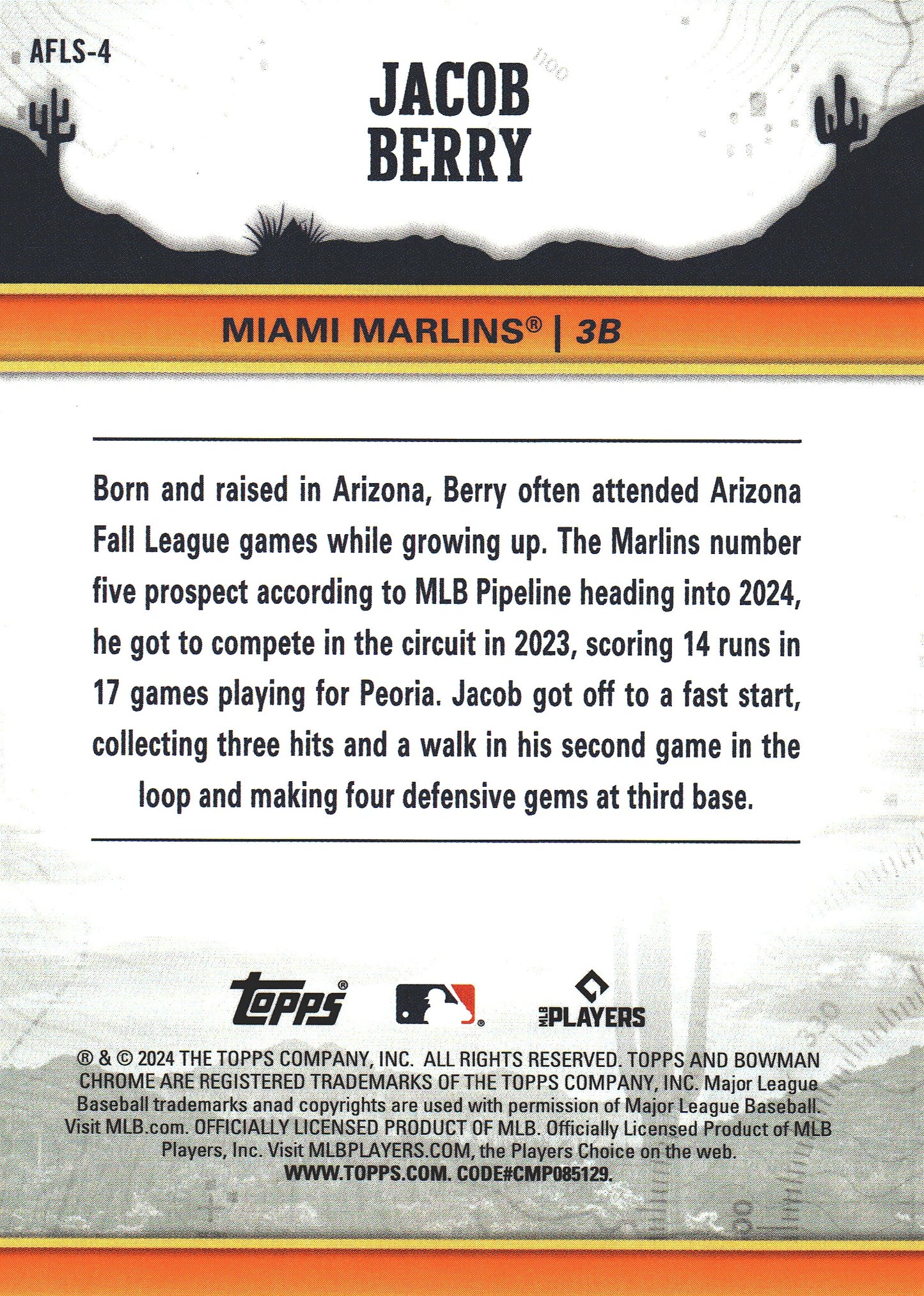 2024 Topps Bowman Chrome AFL Fall Stars Jacob Berry #AFLS-4 Miami Marlins