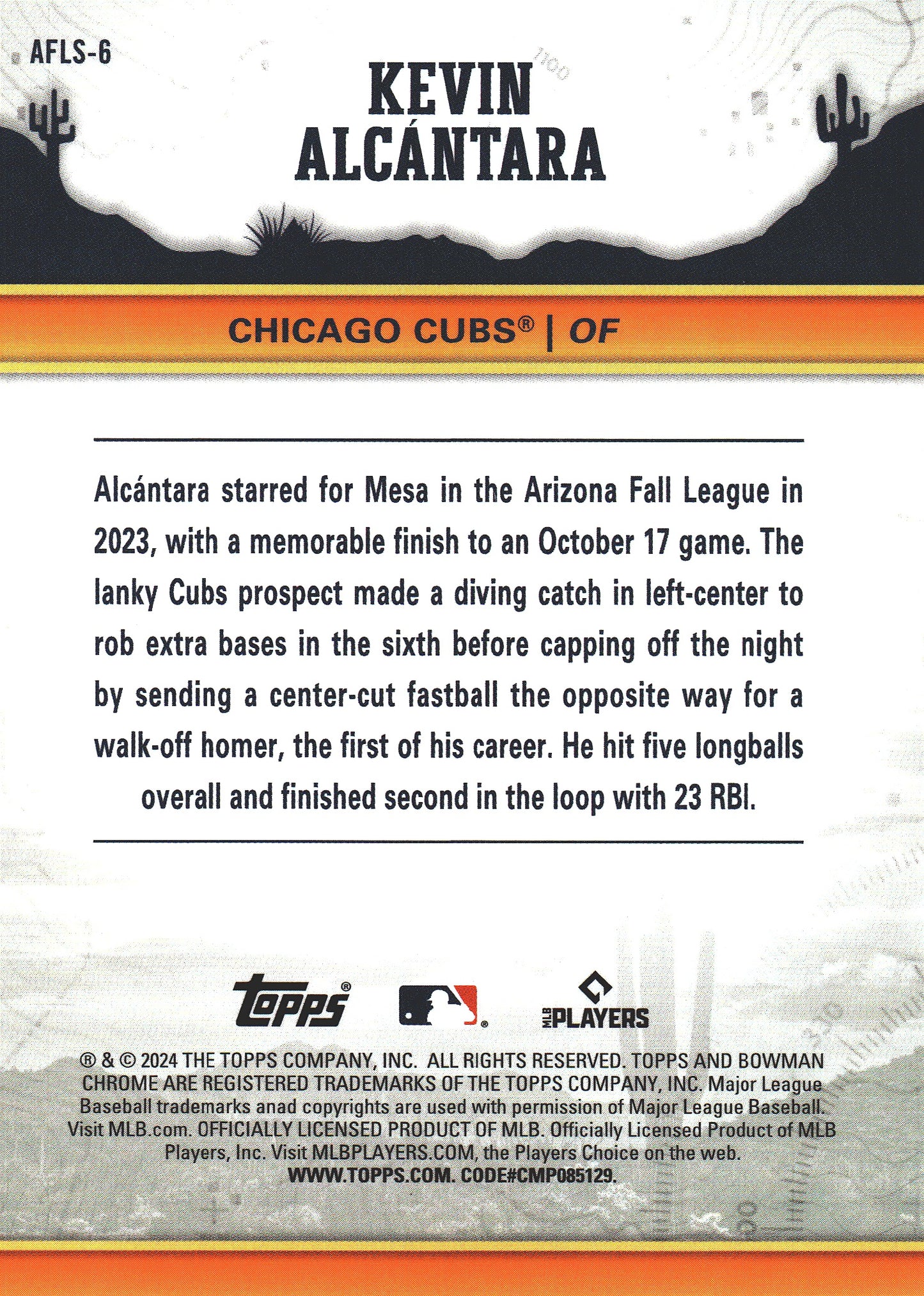 2024 Topps Bowman Chrome AFL Fall Stars Kevin Alcantara #AFLS-6 Chicago Cubs