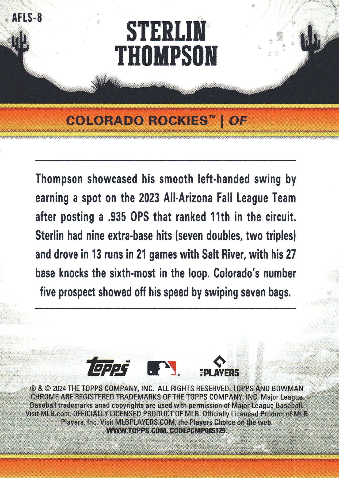 2024 Topps Bowman Chrome AFL Fall Stars Sterlin Thompson #AFLS-8 Colorado Rockies