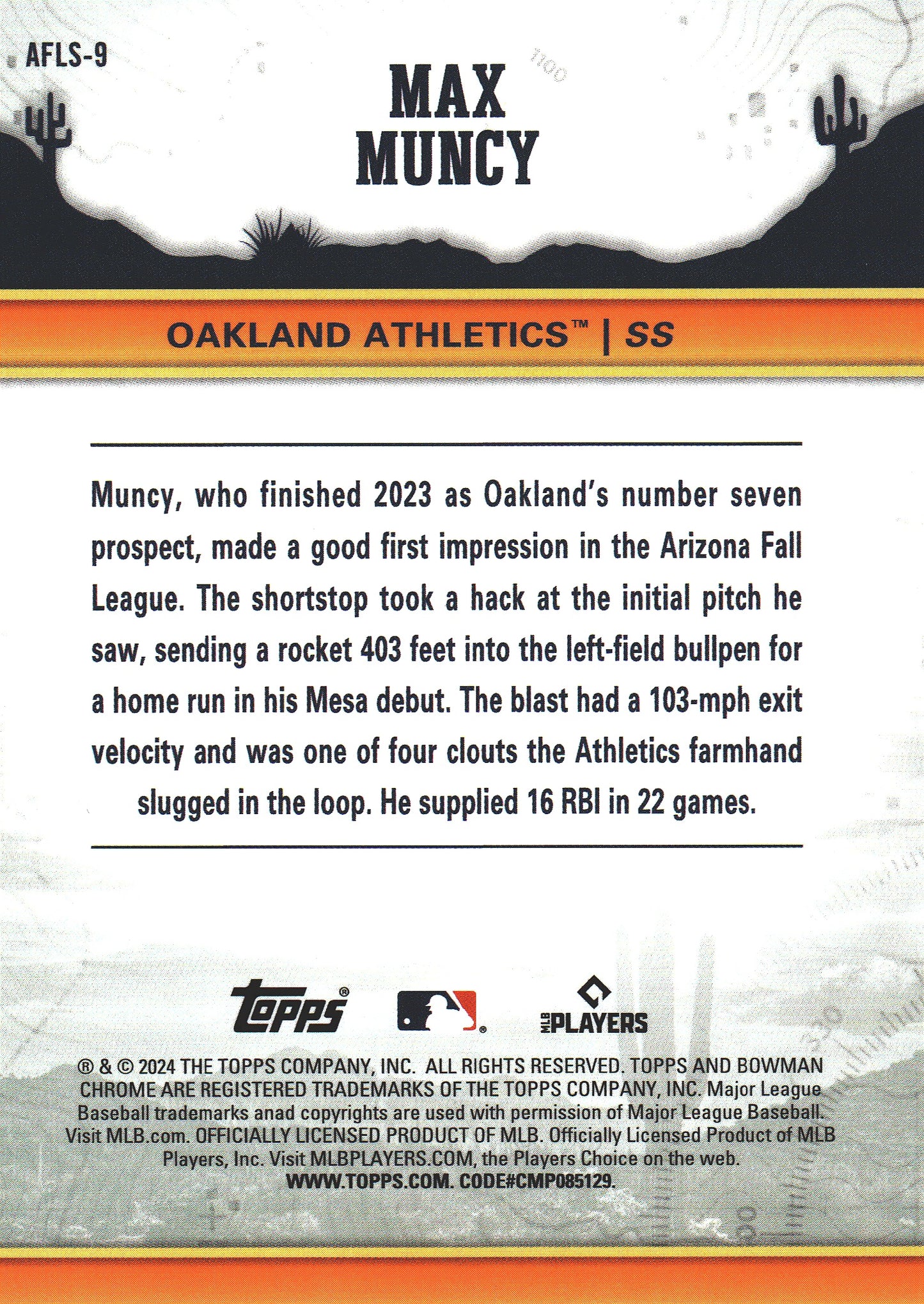 2024 Topps Bowman Chrome AFL Fall Stars Max Muncy #AFLS-9 Oakland Athletics