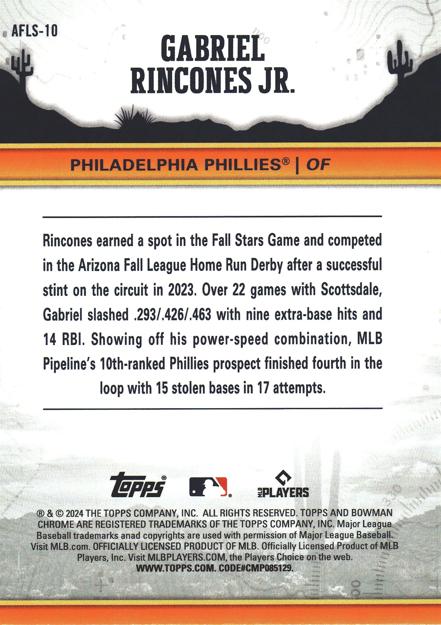 2024 Topps Bowman Chrome AFL Fall Stars Gabriel Rincones Jr #AFLS-10 Philadelphia Phillies