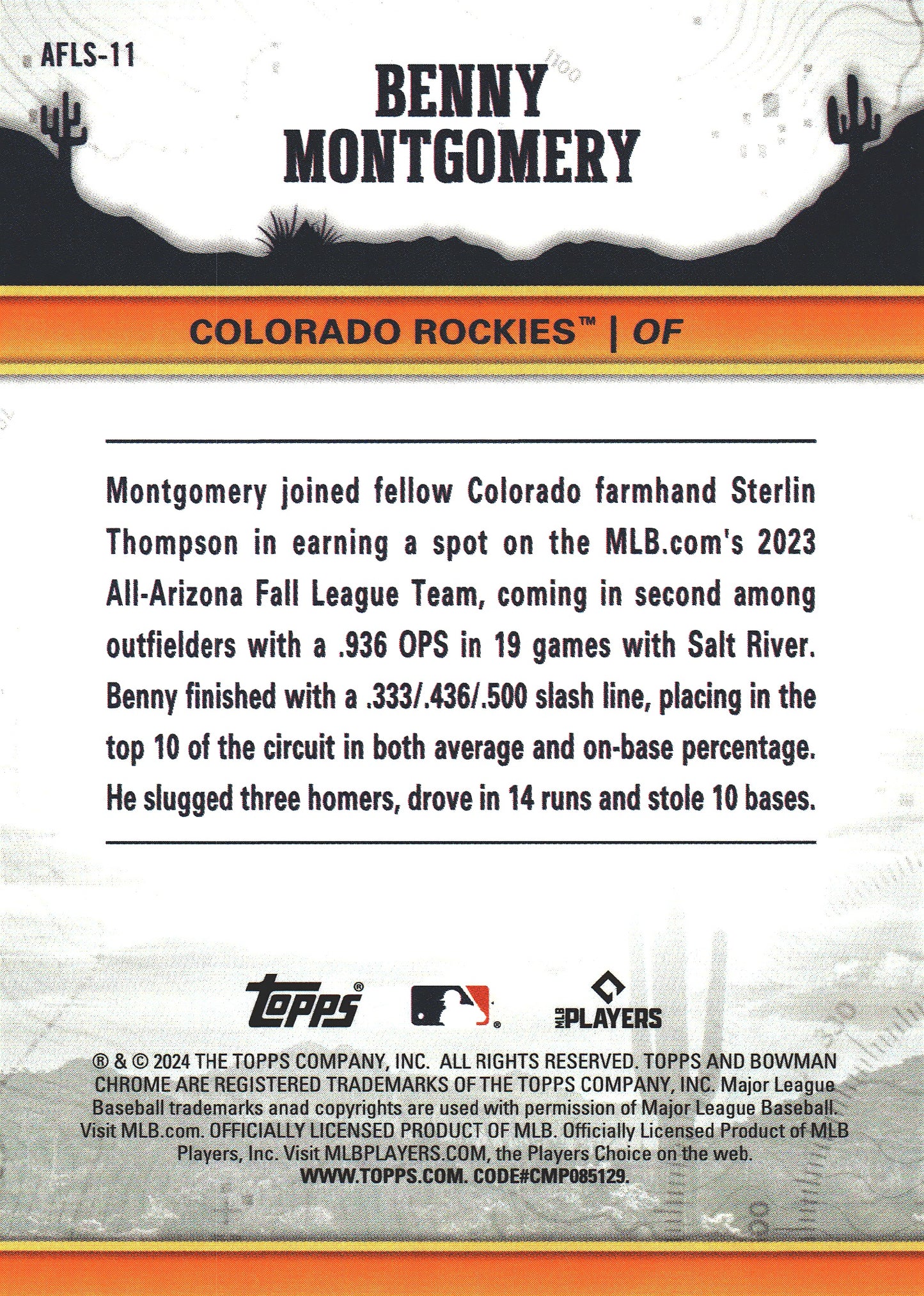 2024 Topps Bowman Chrome AFL Fall Stars Benny Montgomery #AFLS-11 Colorado Rockies