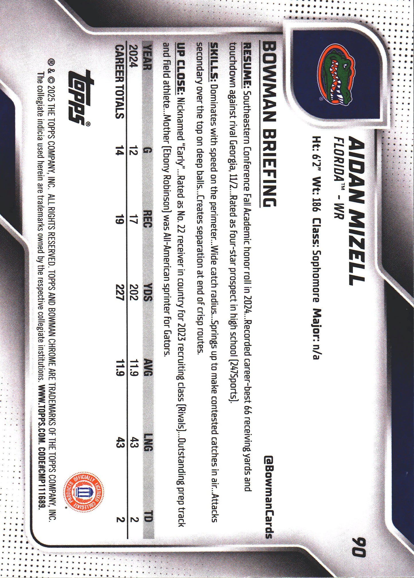 2025 Topps Bowman University Aidan Mizell Green Mini Diamond /99 #90 Florida Gators (NCAA)