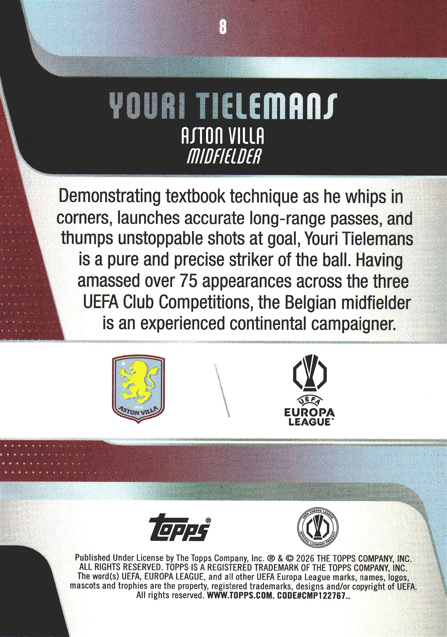 2025 Topps UCC Youri Tielemans #8 Aston Villa