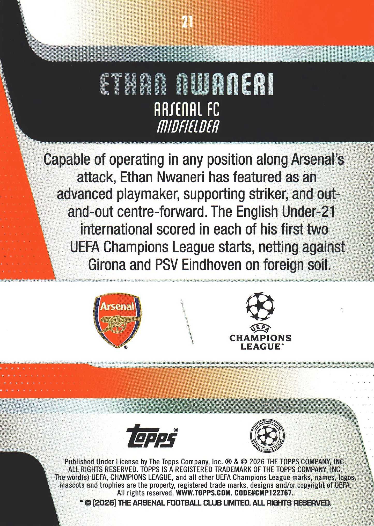 2025 Topps UCC Ethan Nwaneri Future Stars #21 Arsenal