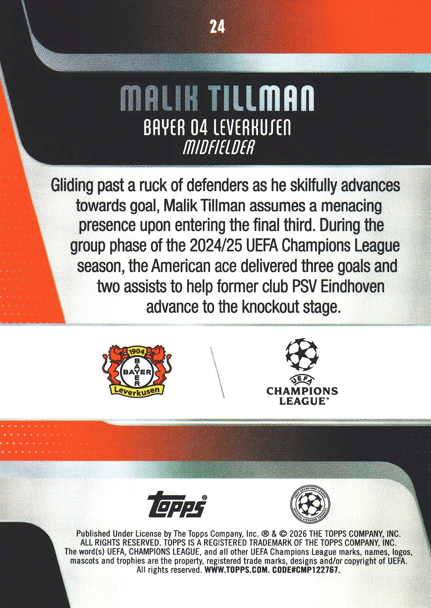 2025 Topps UCC Malik Tillman #24 Bayer Leverkusen