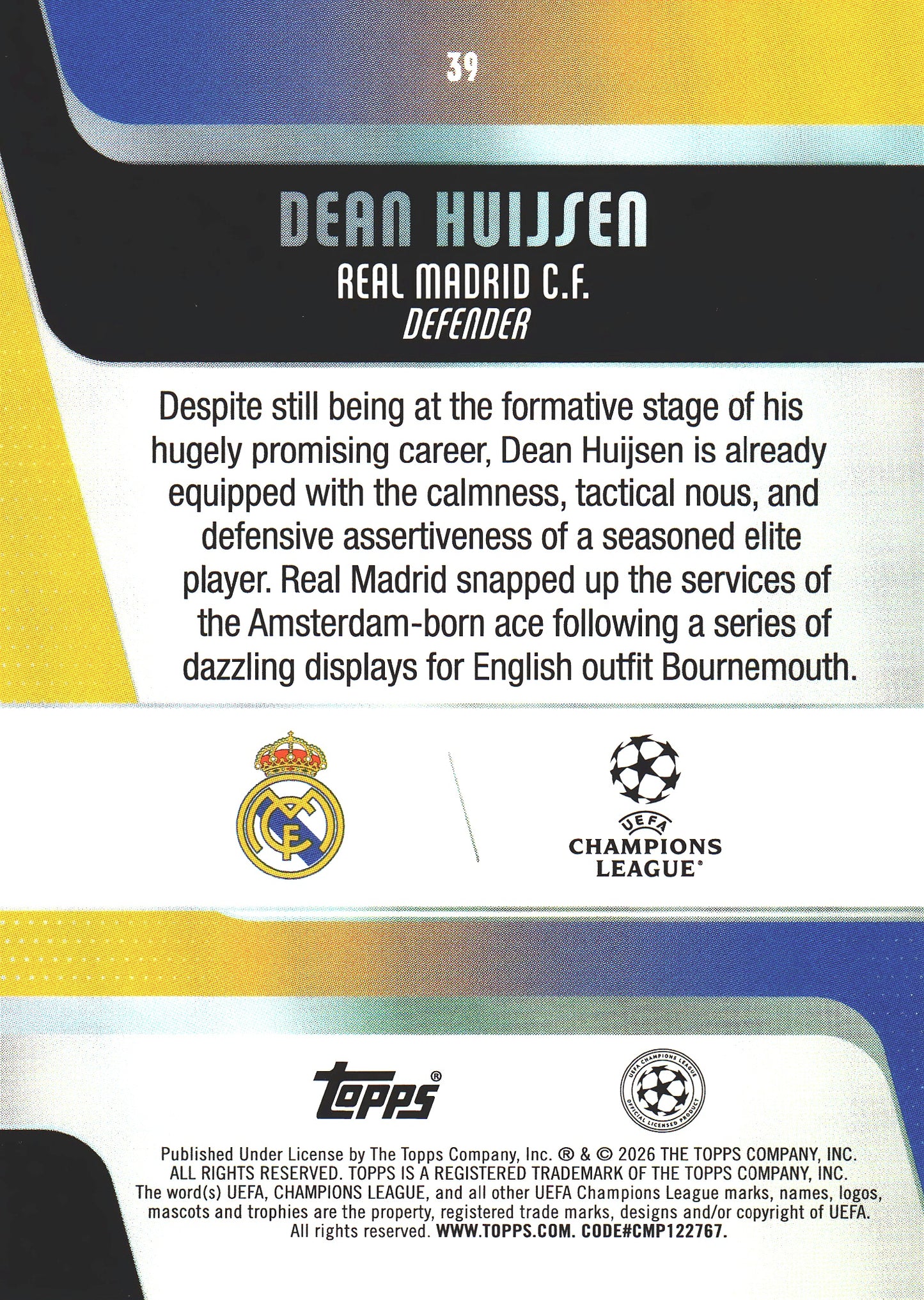2025 Topps UCC Dean Huijsen #39 Real Madrid